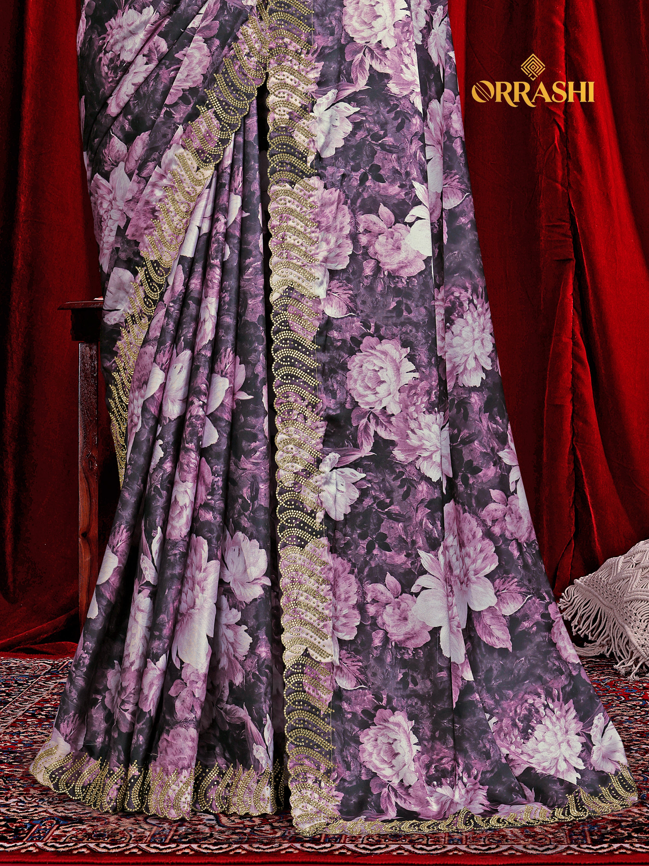 FLOWER PRINTED JARKAN WORK JAPAN SATIN SILK SAREE