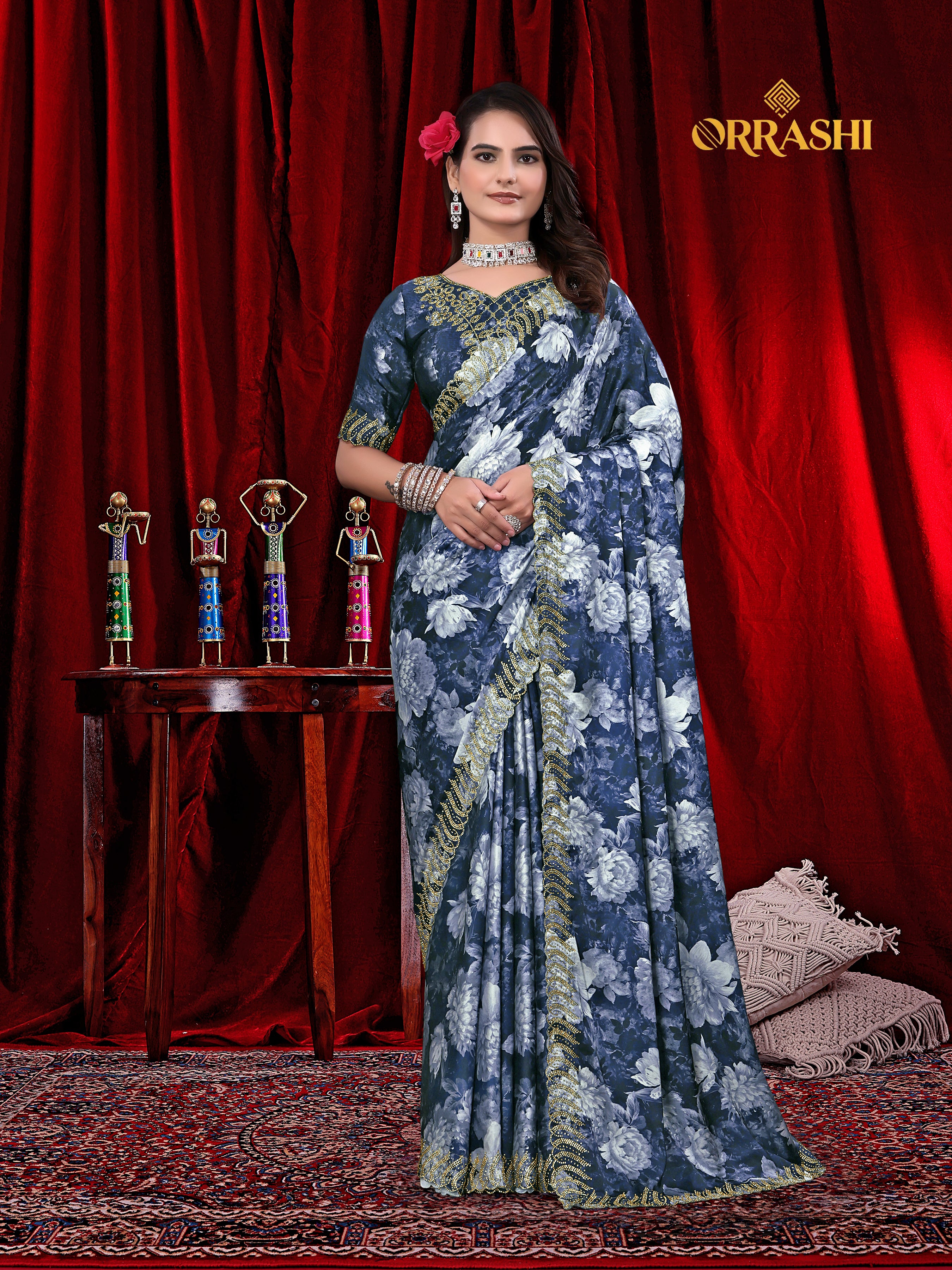 FLOWER PRINTED JARKAN WORK JAPAN SATIN SILK SAREE