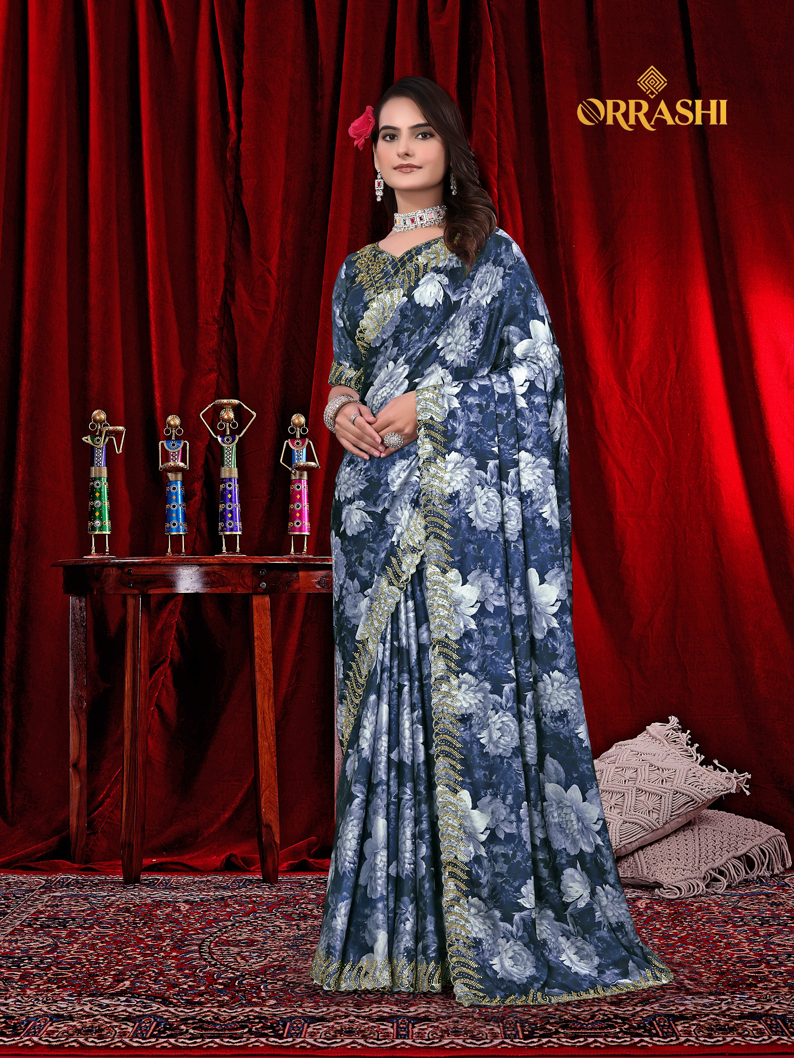 FLOWER PRINTED JARKAN WORK JAPAN SATIN SILK SAREE