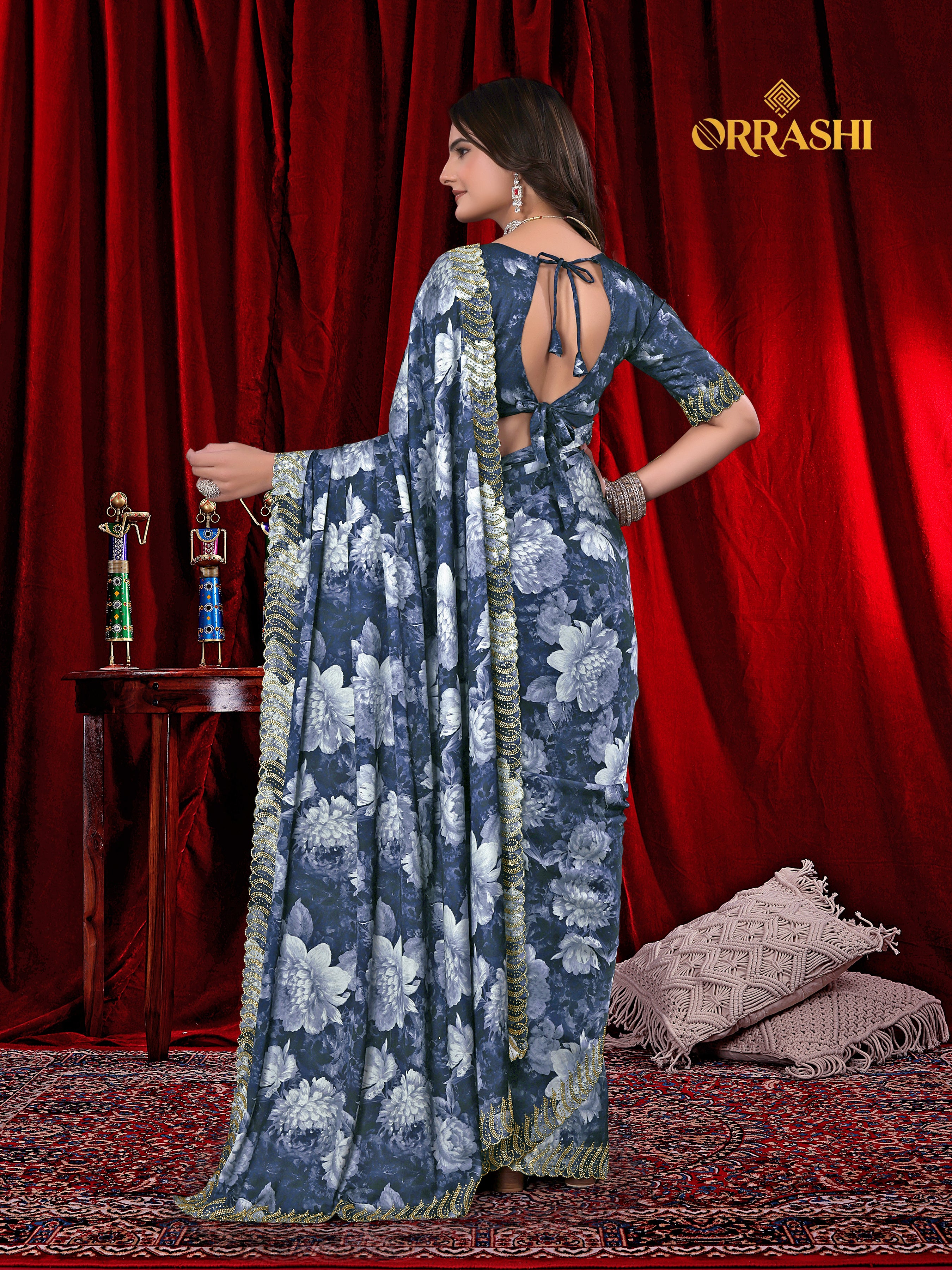FLOWER PRINTED JARKAN WORK JAPAN SATIN SILK SAREE