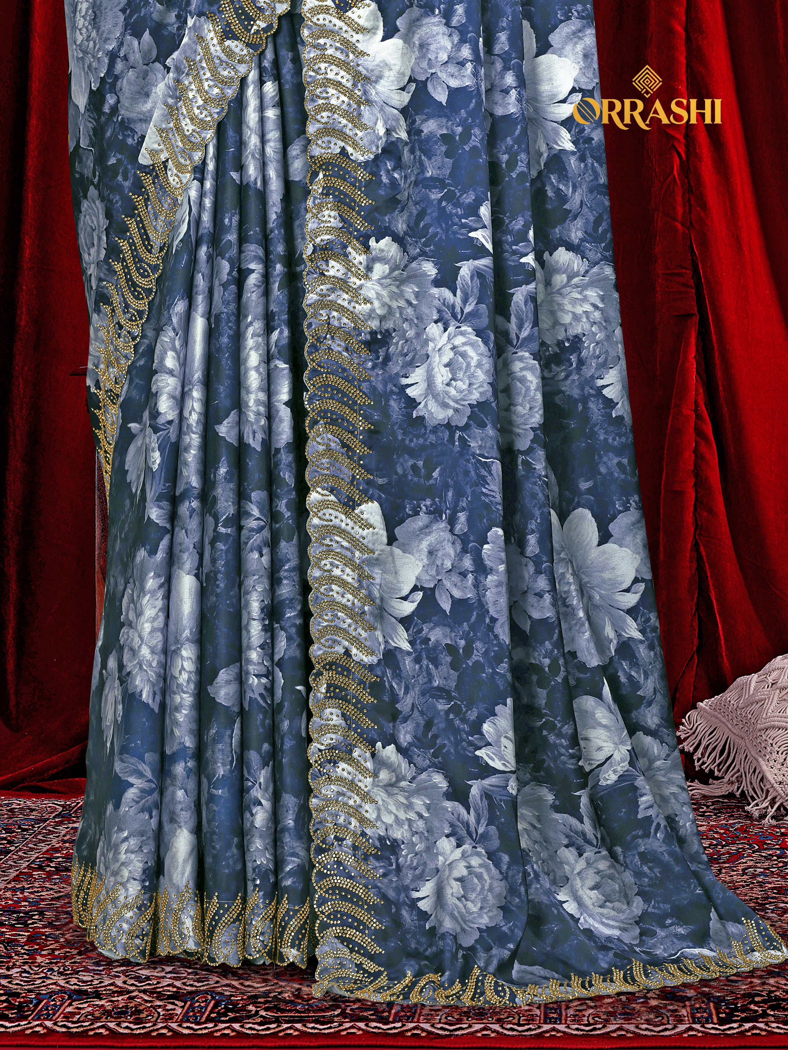 FLOWER PRINTED JARKAN WORK JAPAN SATIN SILK SAREE