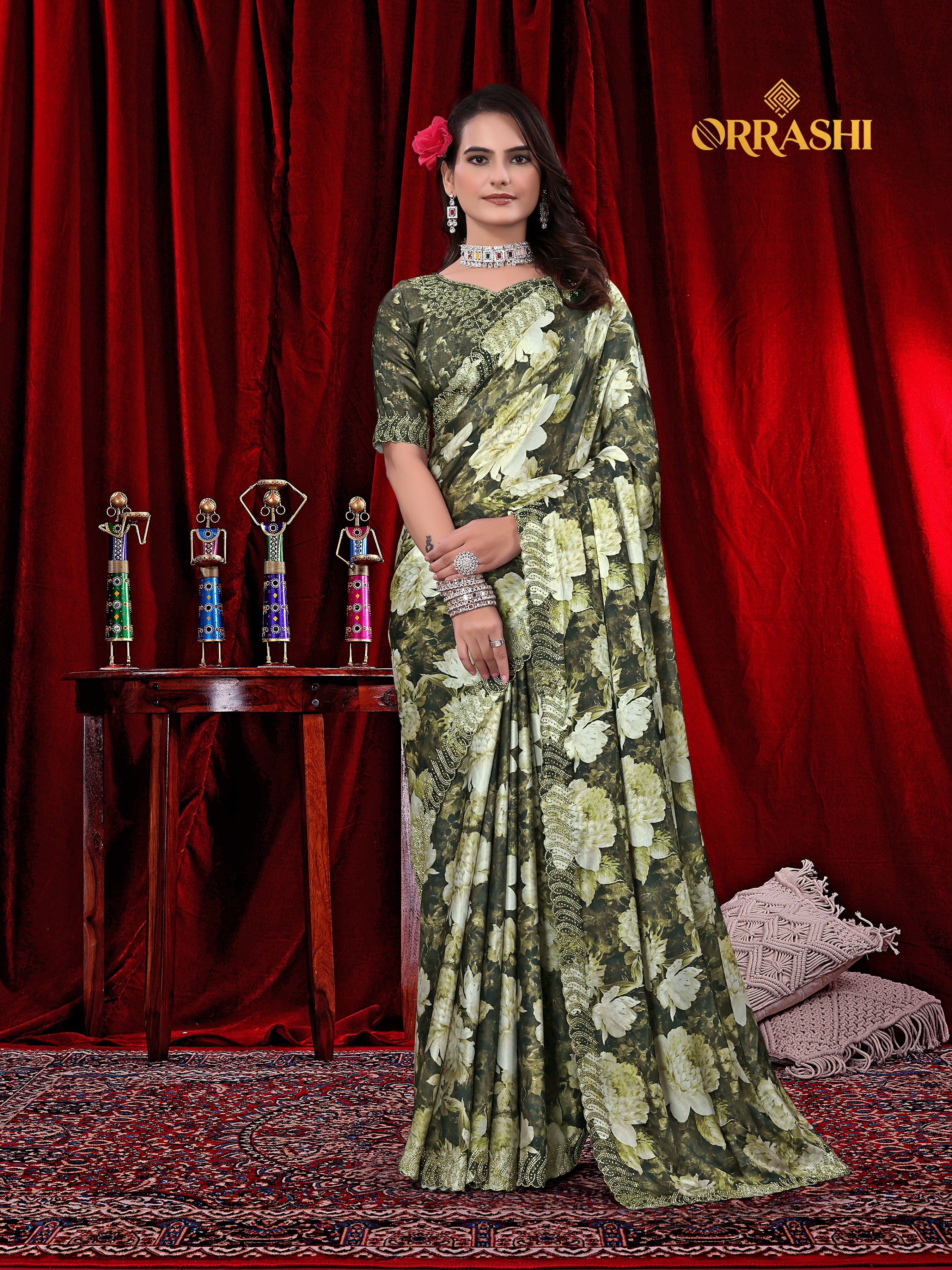 FLOWER PRINTED JARKAN WORK JAPAN SATIN SILK SAREE