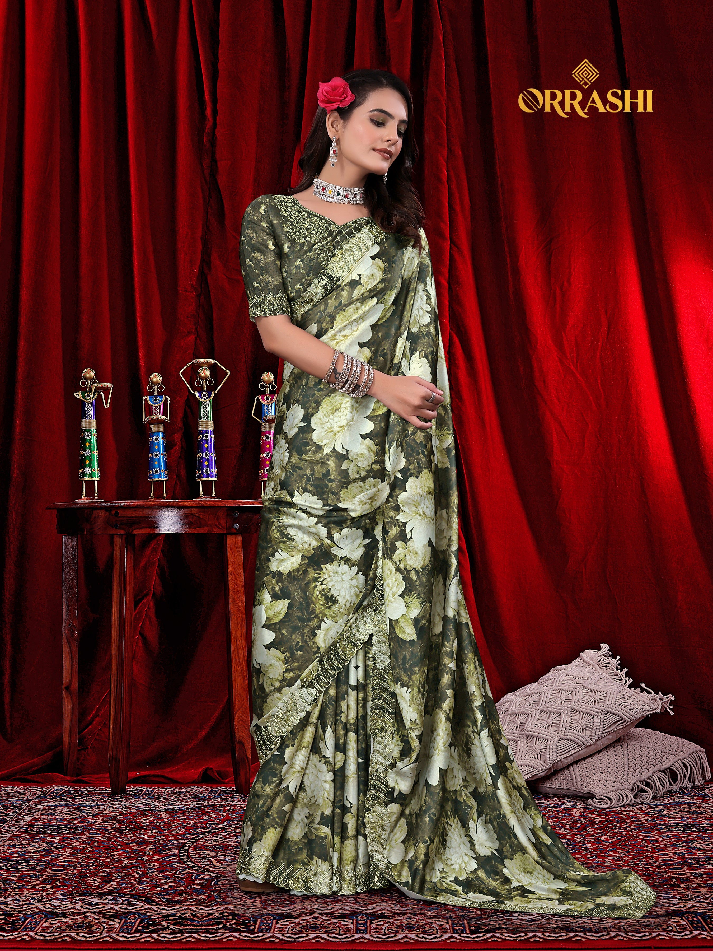 FLOWER PRINTED JARKAN WORK JAPAN SATIN SILK SAREE