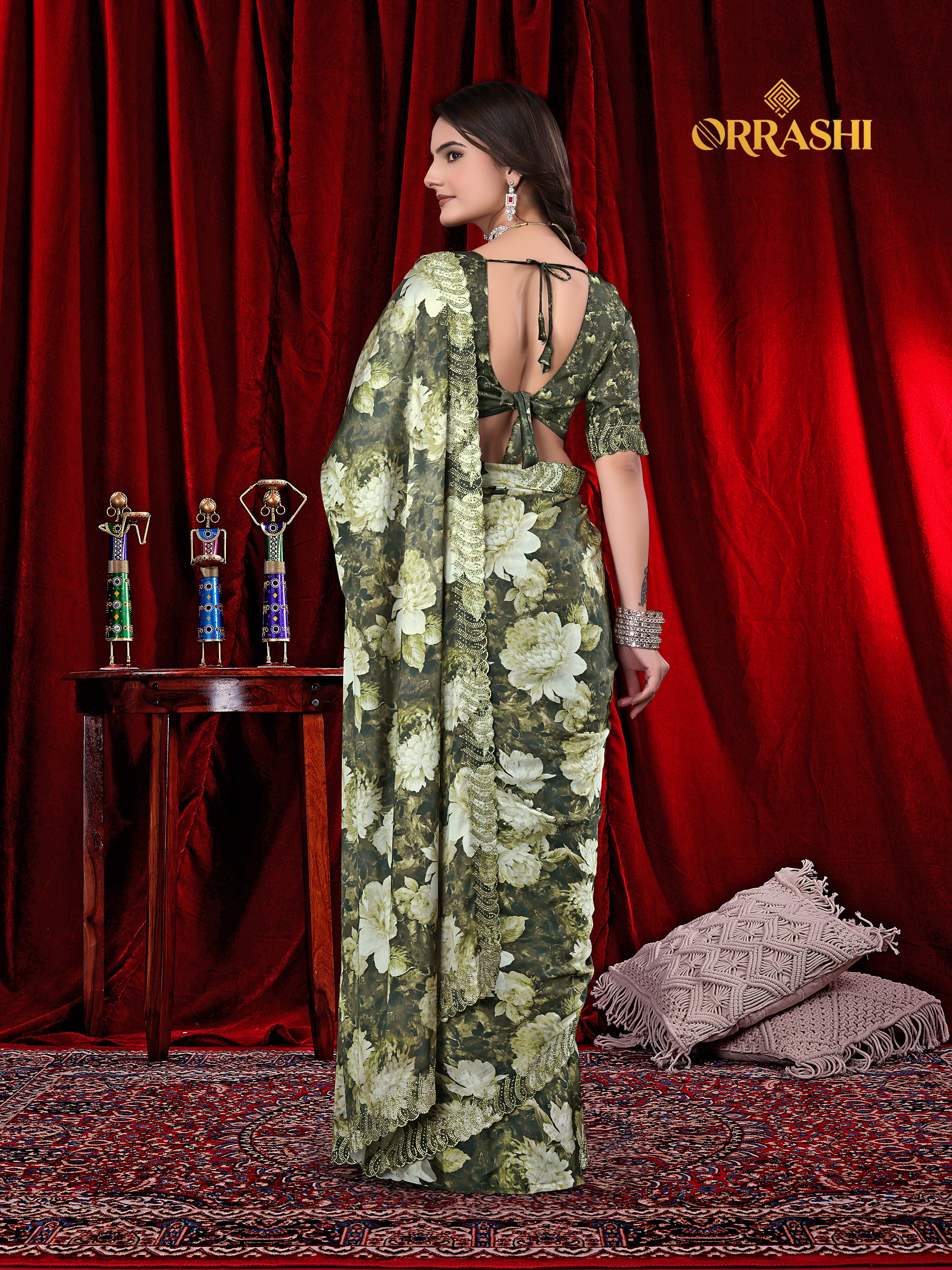 FLOWER PRINTED JARKAN WORK JAPAN SATIN SILK SAREE