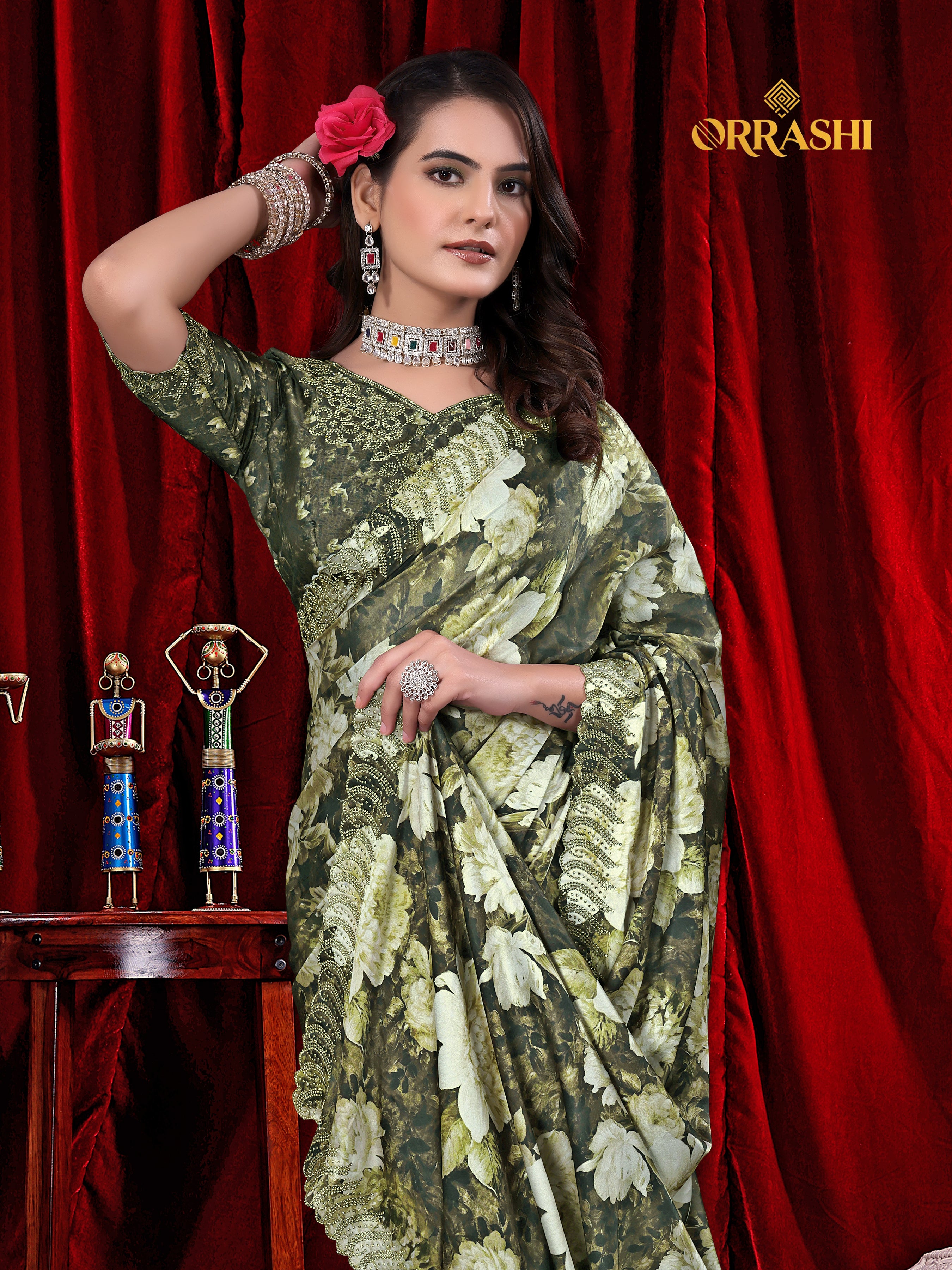 FLOWER PRINTED JARKAN WORK JAPAN SATIN SILK SAREE