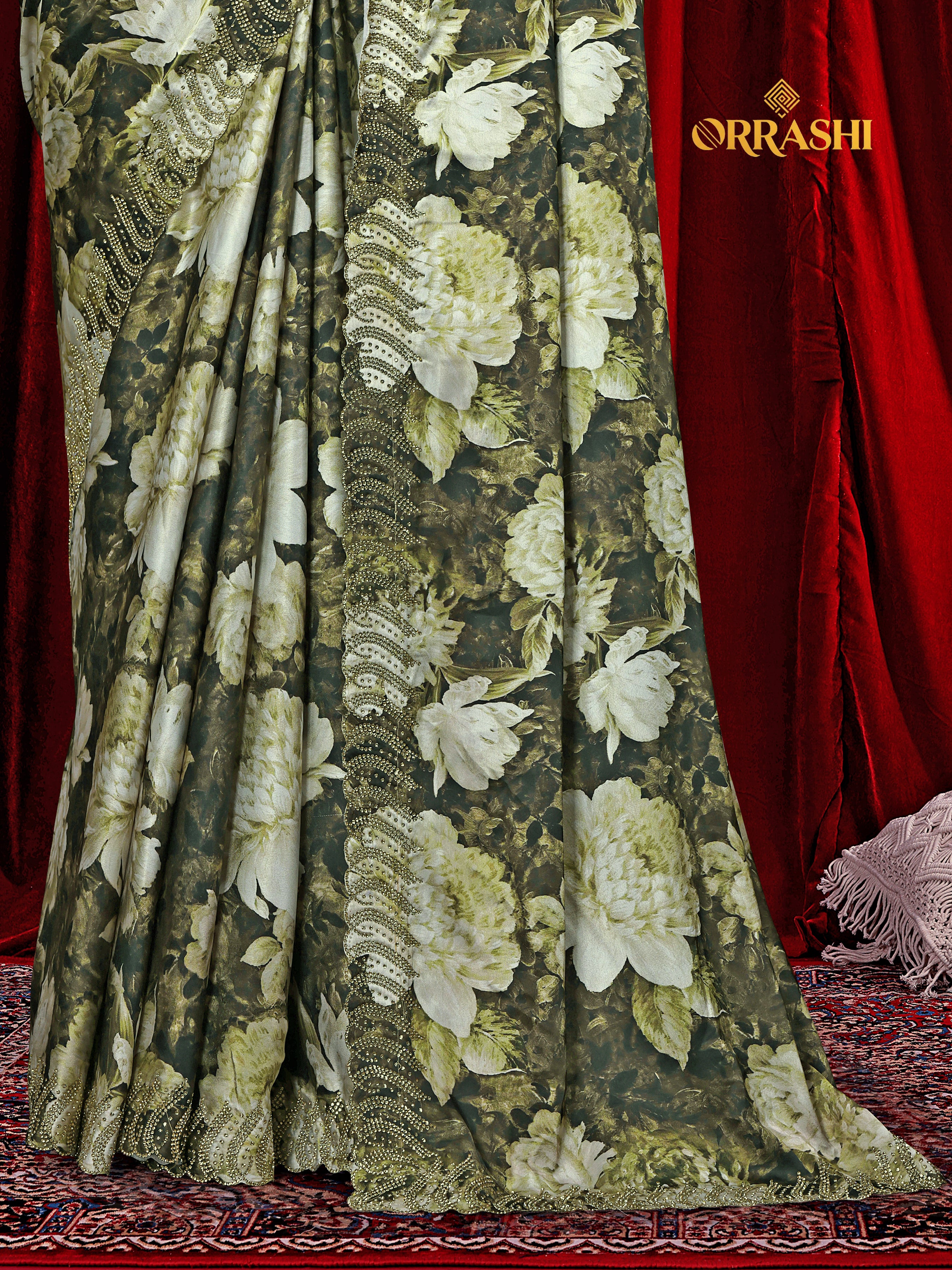 FLOWER PRINTED JARKAN WORK JAPAN SATIN SILK SAREE