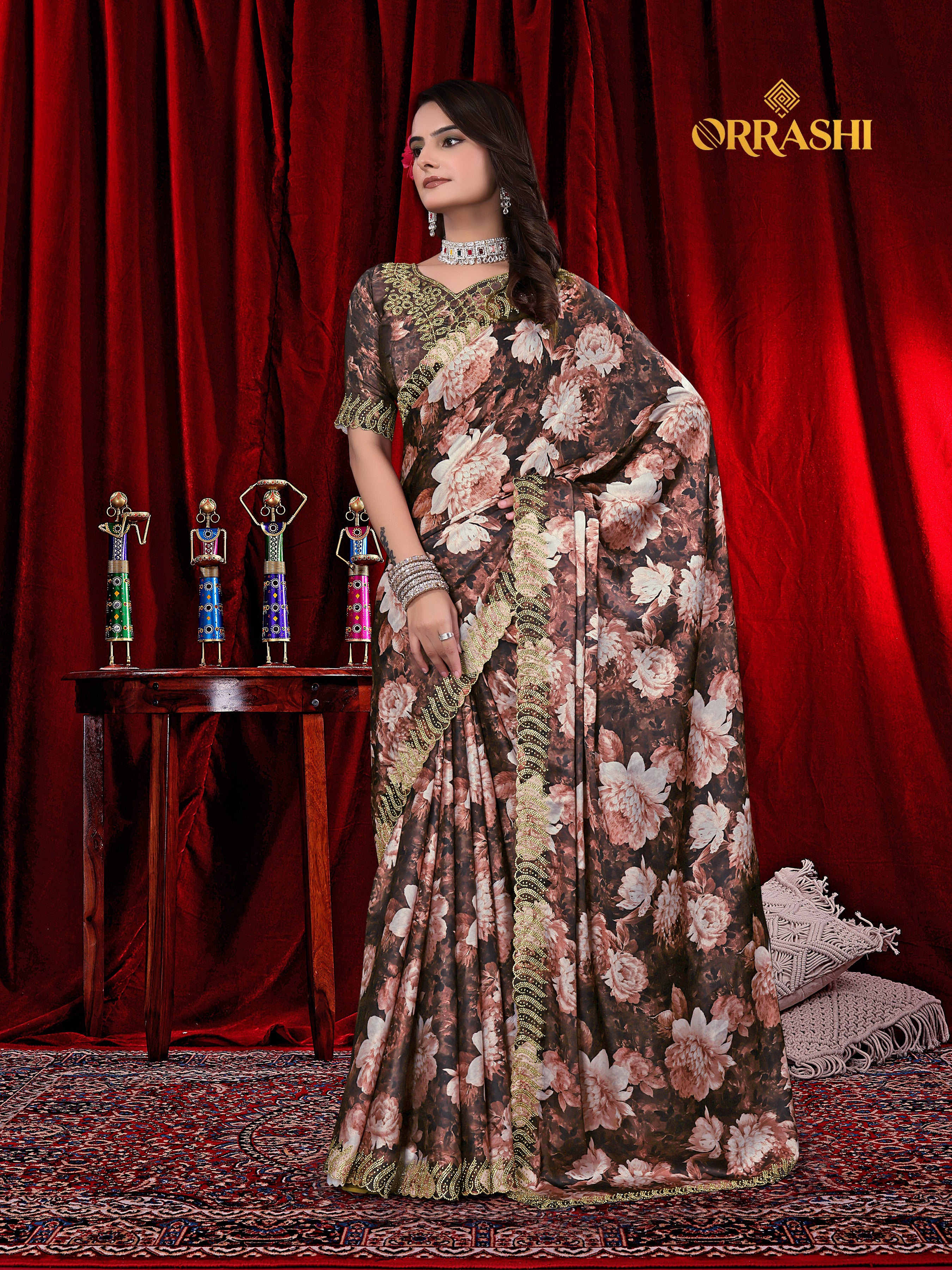 FLOWER PRINTED JARKAN WORK JAPAN SATIN SILK SAREE