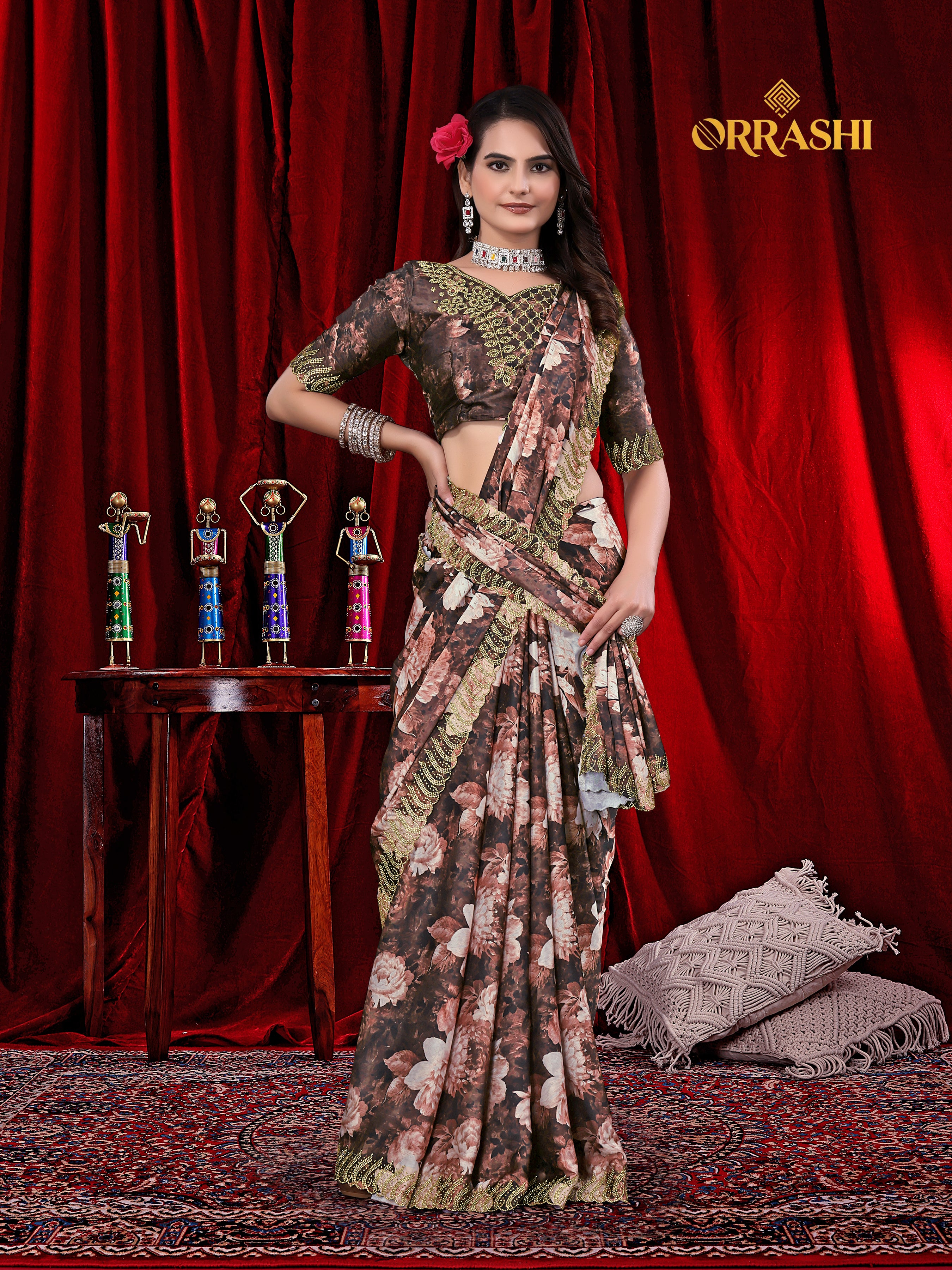 FLOWER PRINTED JARKAN WORK JAPAN SATIN SILK SAREE