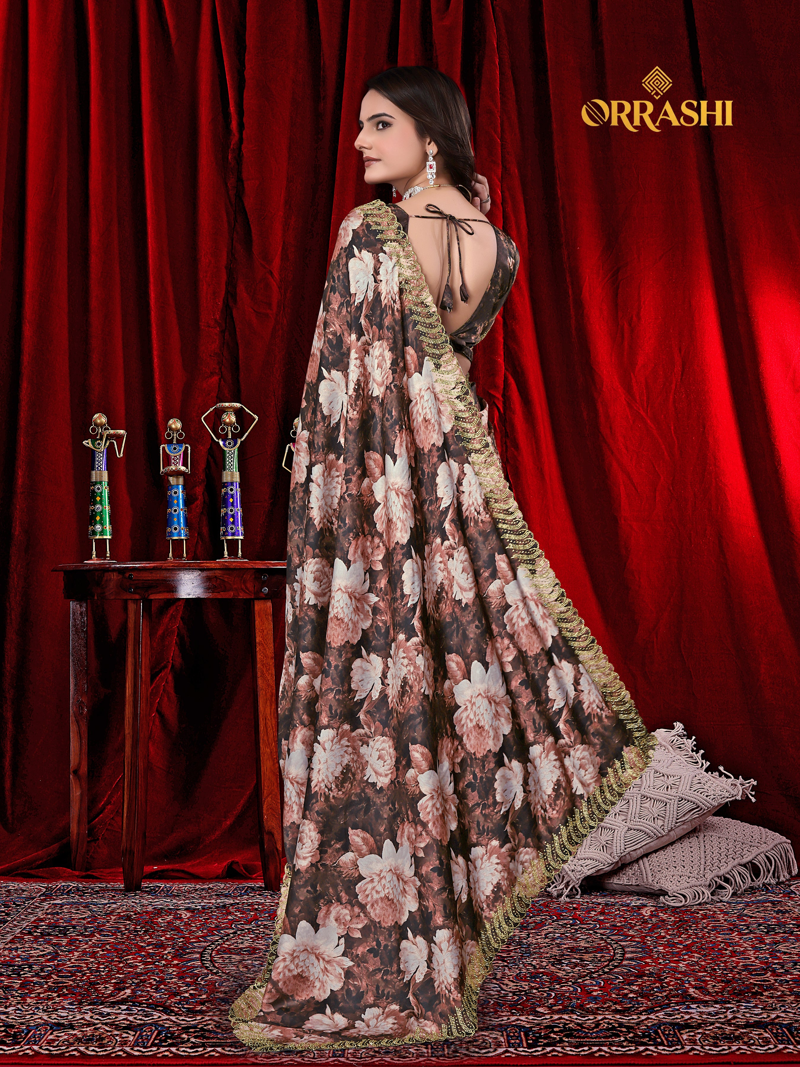 FLOWER PRINTED JARKAN WORK JAPAN SATIN SILK SAREE