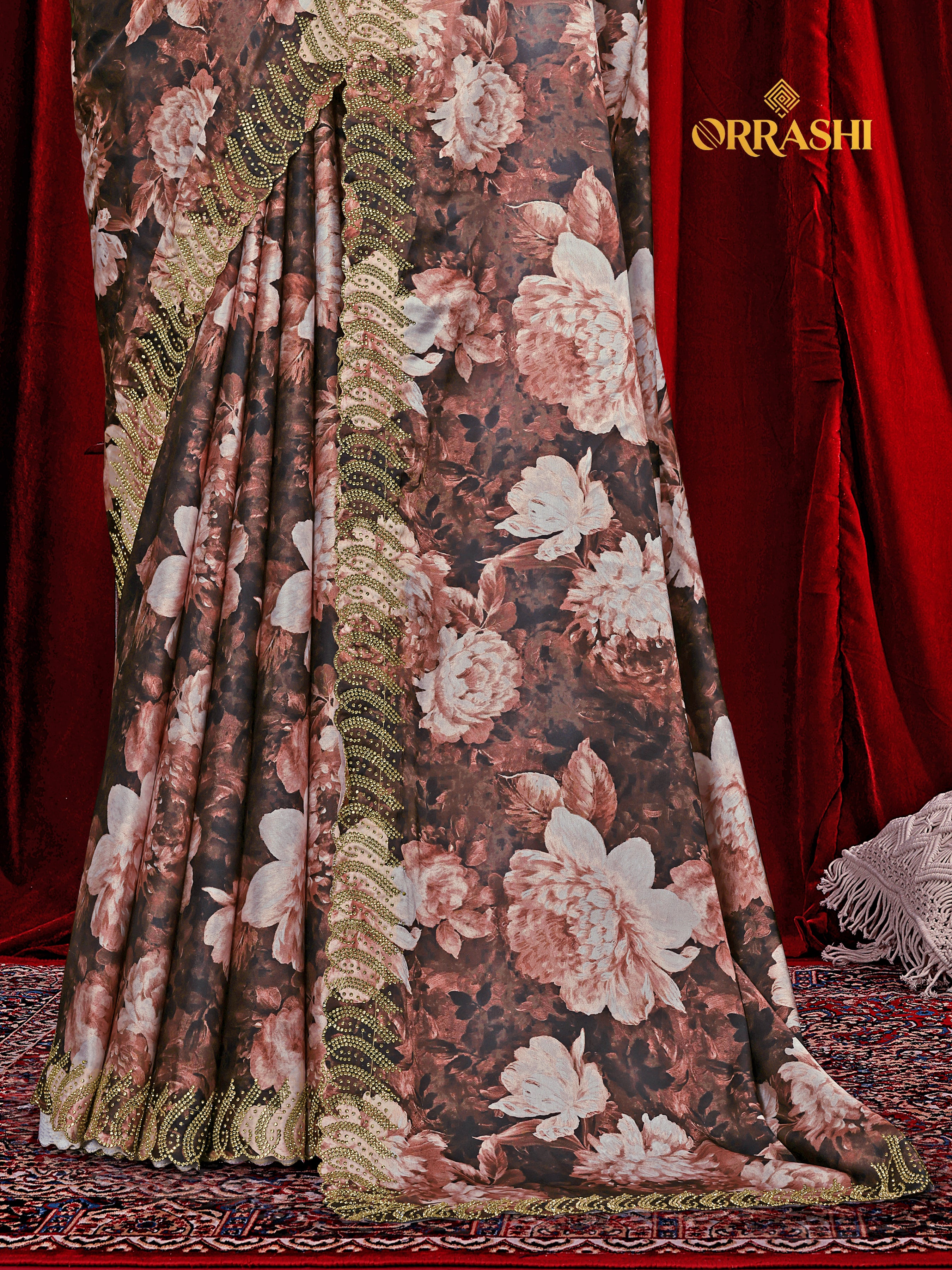 FLOWER PRINTED JARKAN WORK JAPAN SATIN SILK SAREE