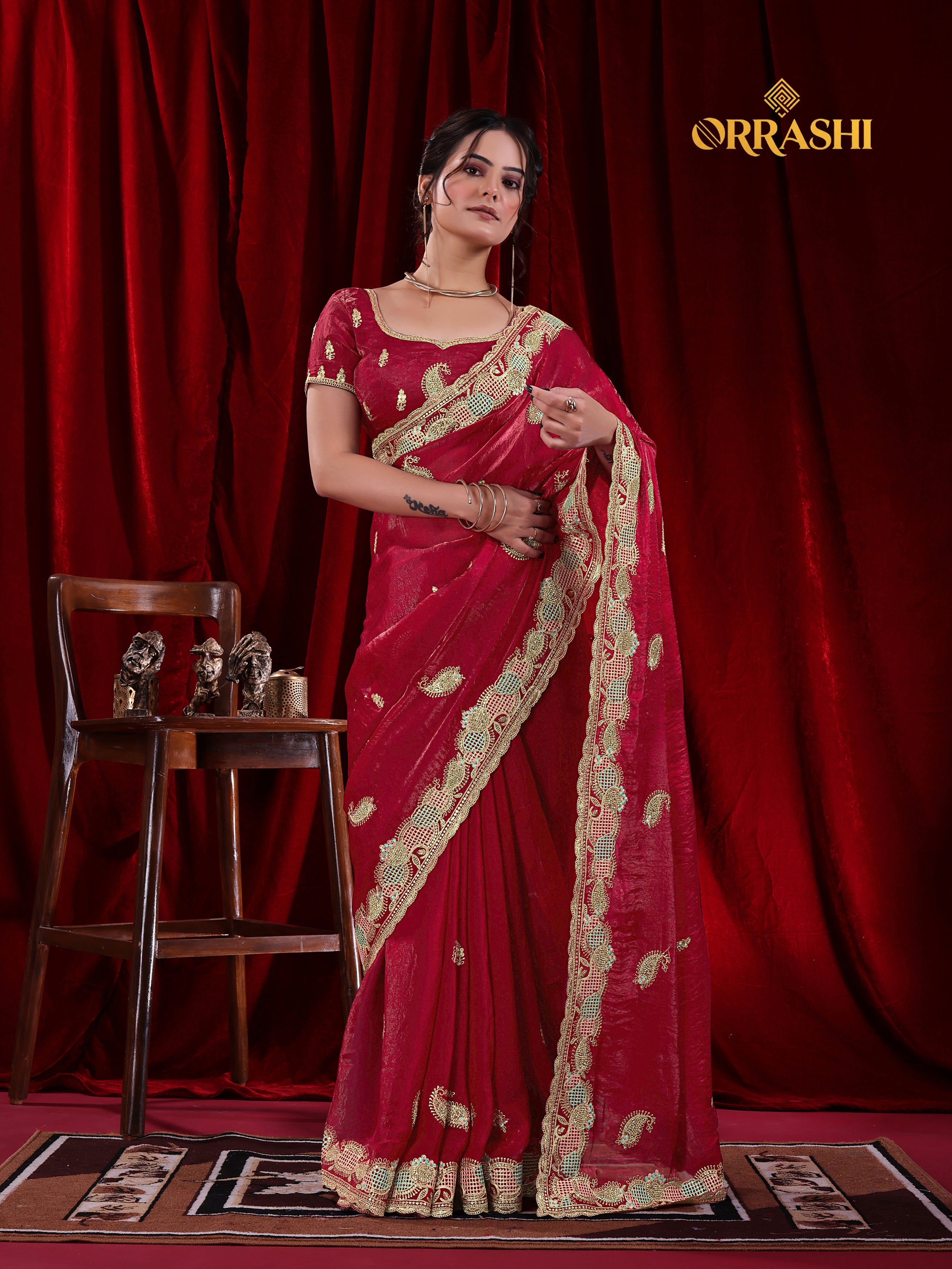 KESAR EMBROIDERIED WITH JARKAN WORK FENDY SATIN SILK