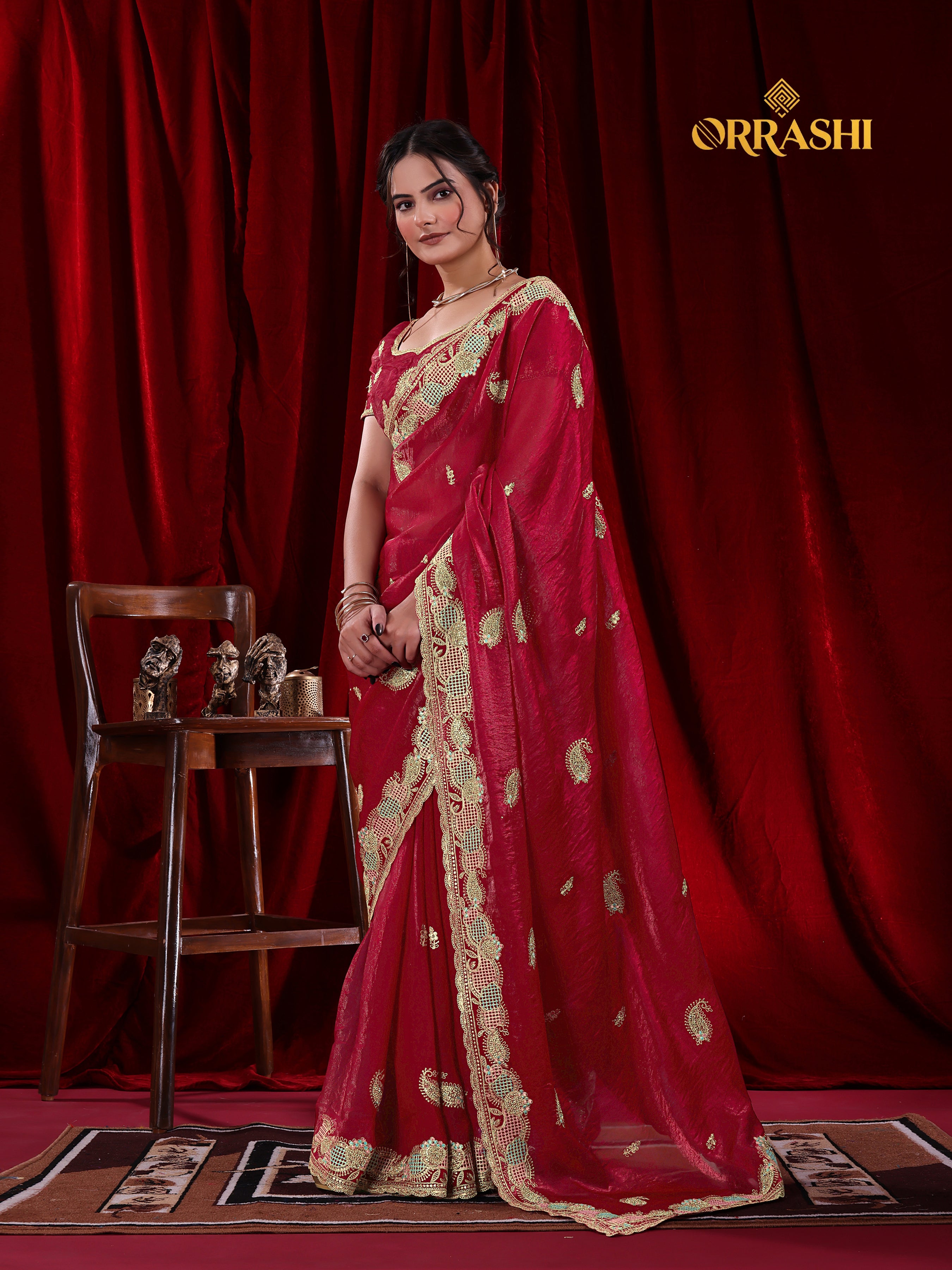 KESAR EMBROIDERIED WITH JARKAN WORK FENDY SATIN SILK