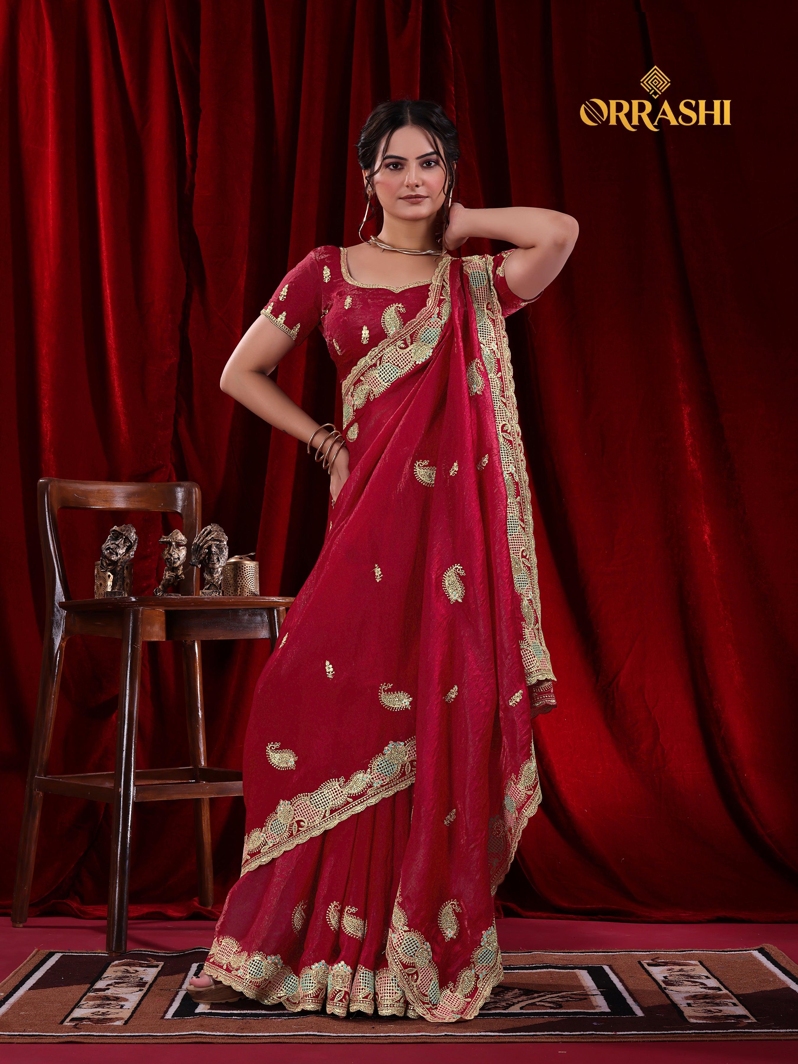 KESAR EMBROIDERIED WITH JARKAN WORK FENDY SATIN SILK