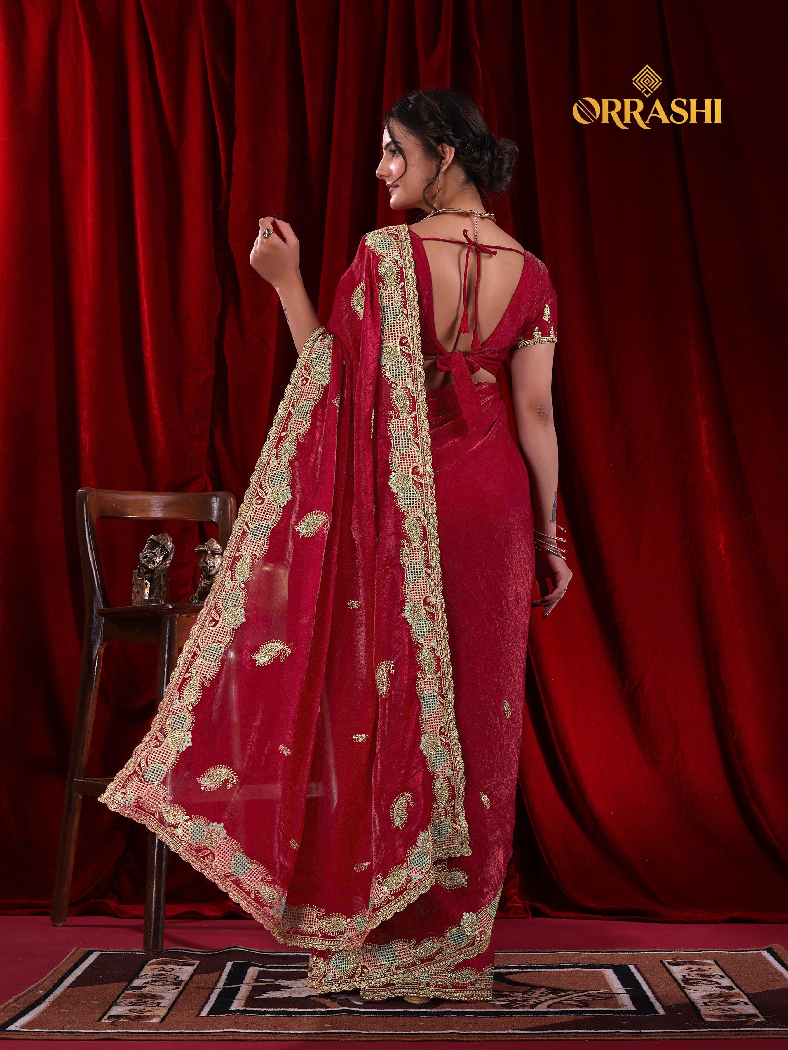 KESAR EMBROIDERIED WITH JARKAN WORK FENDY SATIN SILK