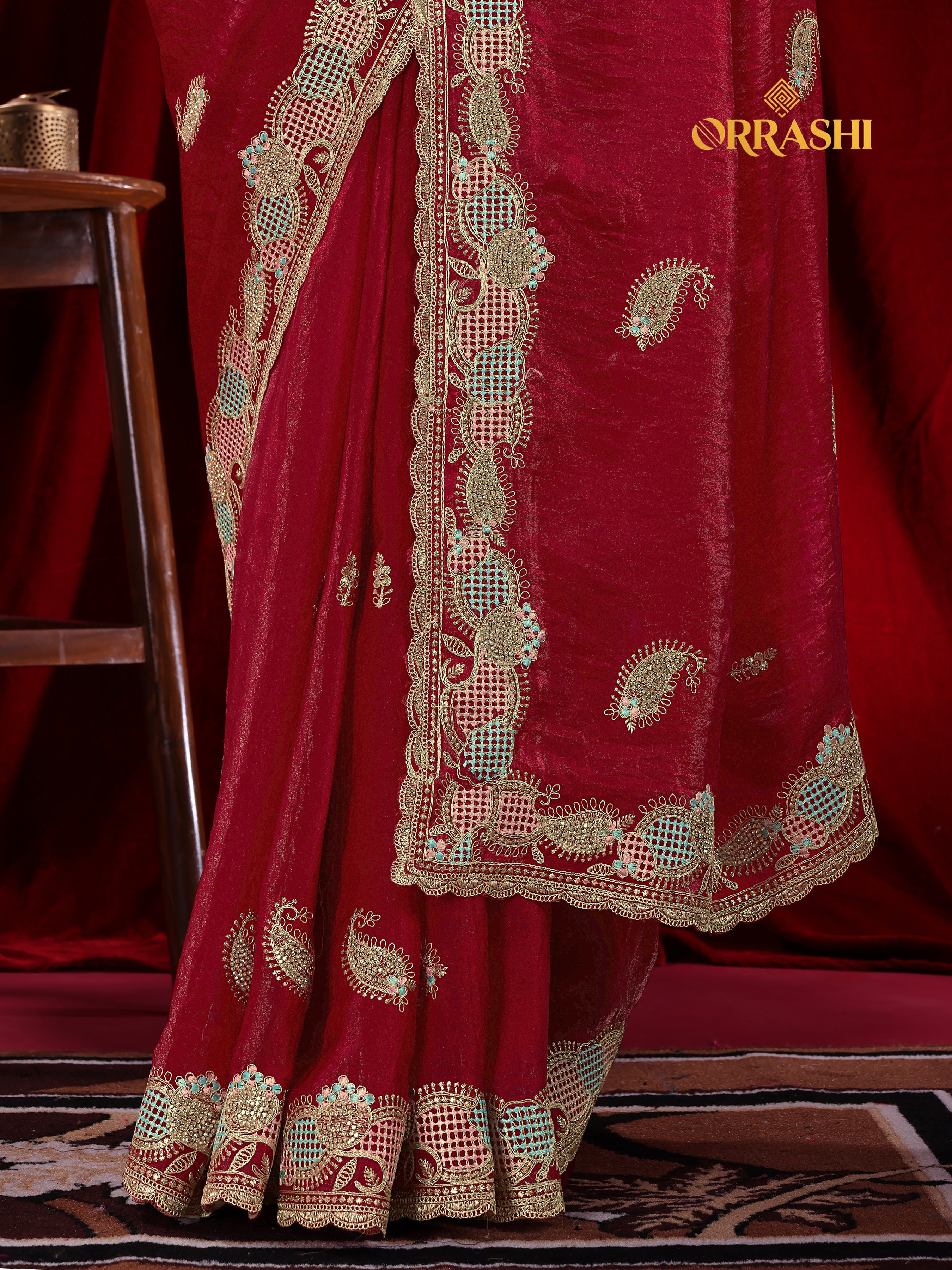 KESAR EMBROIDERIED WITH JARKAN WORK FENDY SATIN SILK