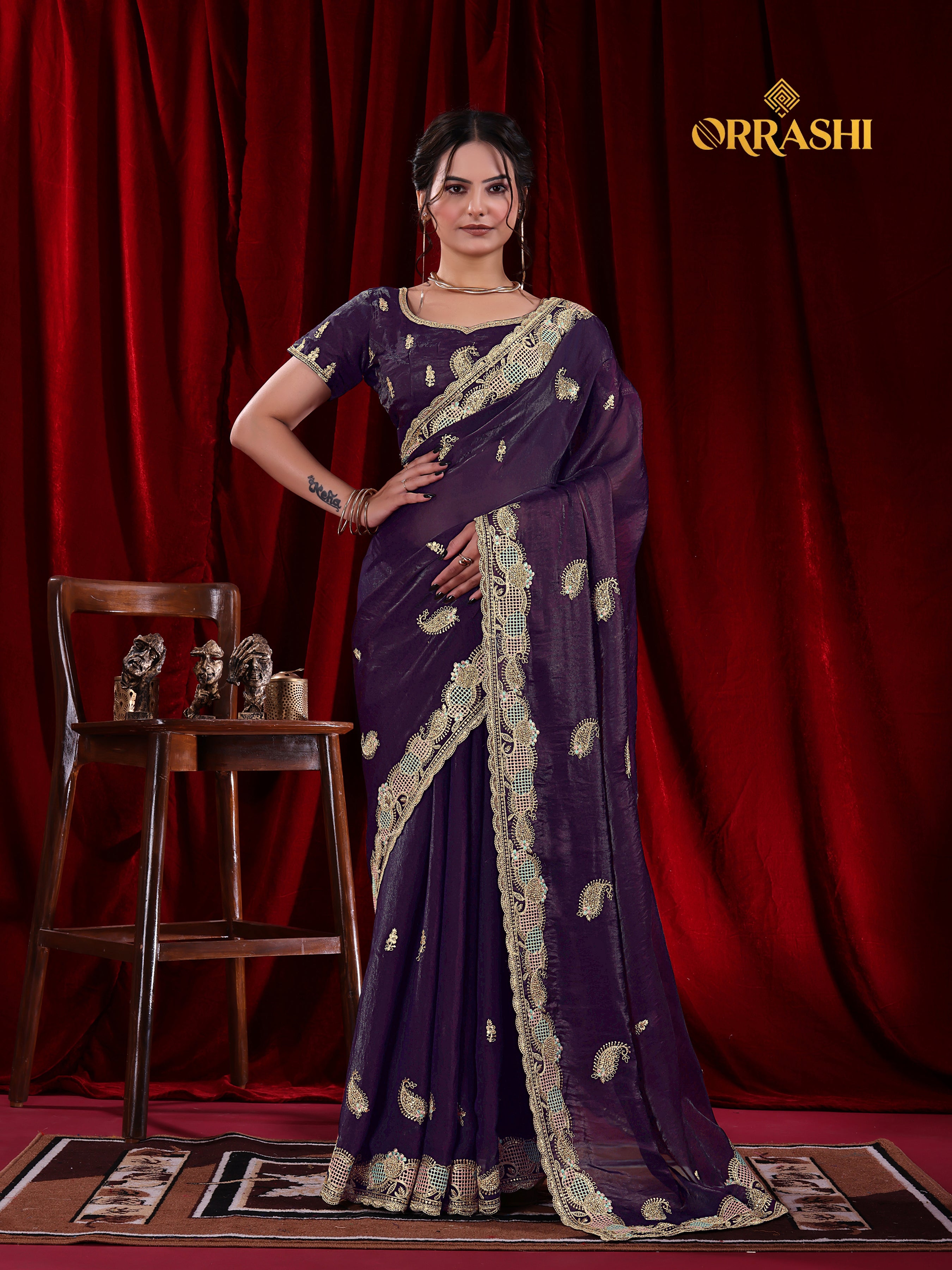 KESAR EMBROIDERIED WITH JARKAN WORK FENDY SATIN SILK