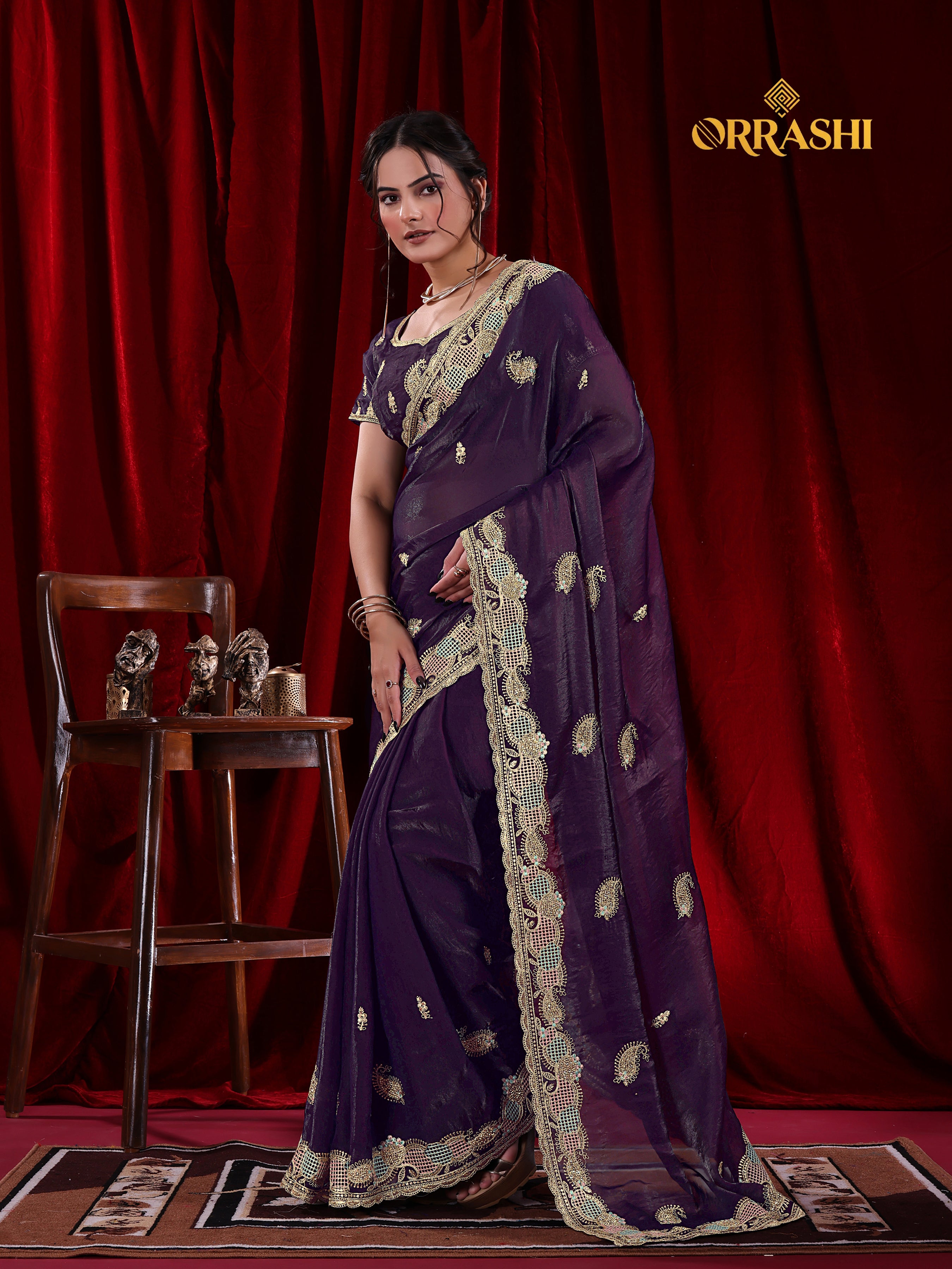 KESAR EMBROIDERIED WITH JARKAN WORK FENDY SATIN SILK