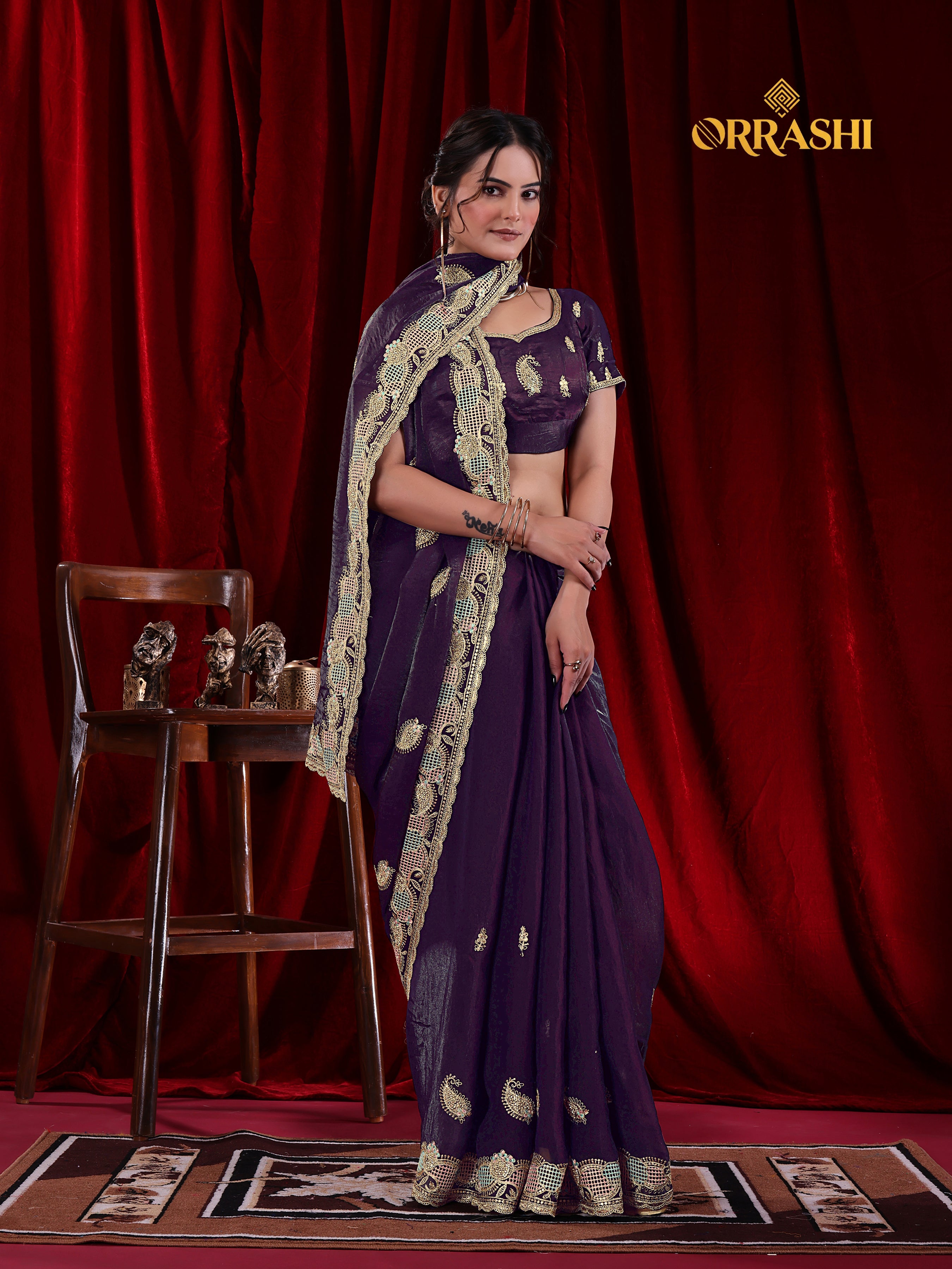KESAR EMBROIDERIED WITH JARKAN WORK FENDY SATIN SILK