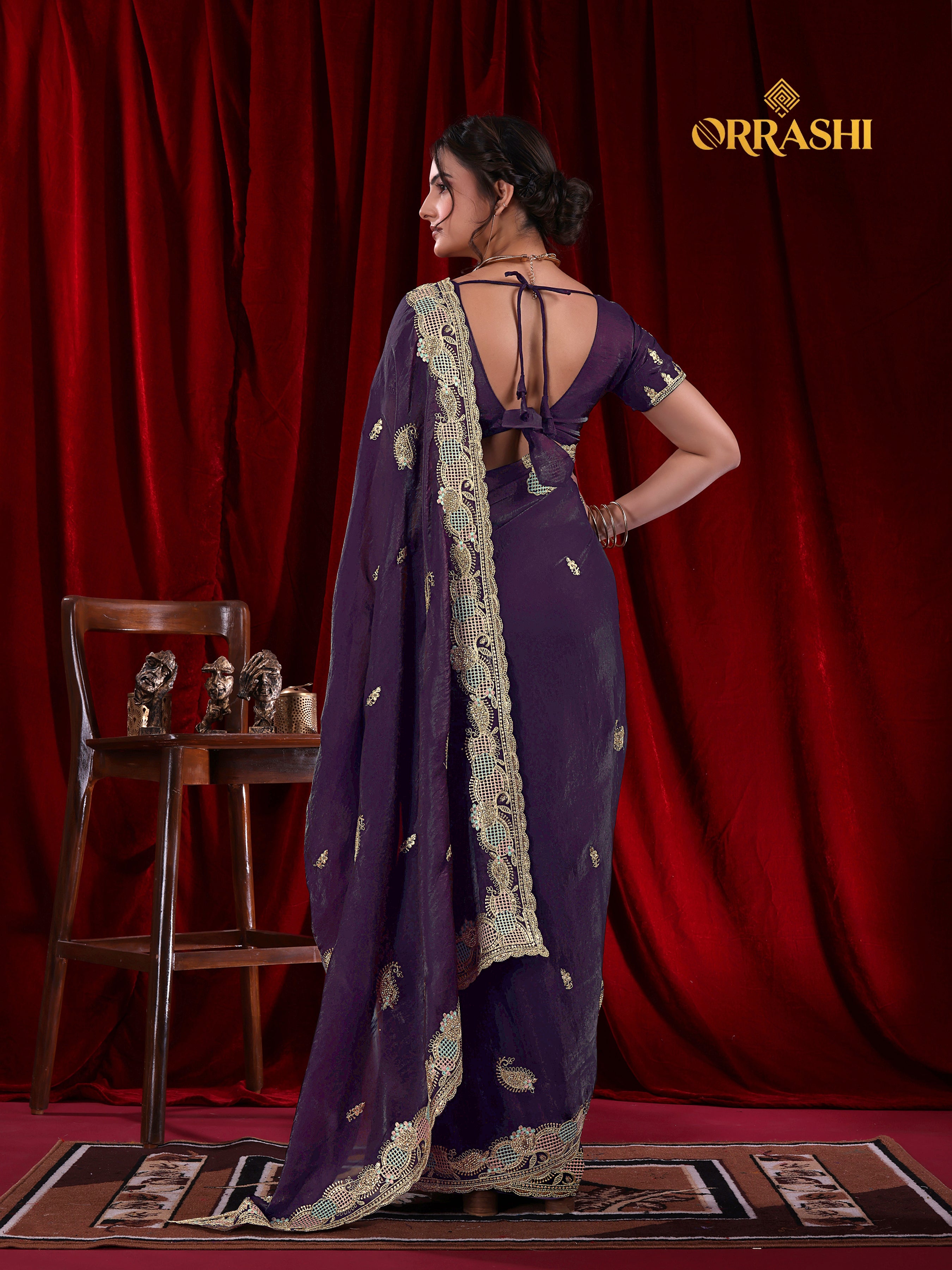 KESAR EMBROIDERIED WITH JARKAN WORK FENDY SATIN SILK
