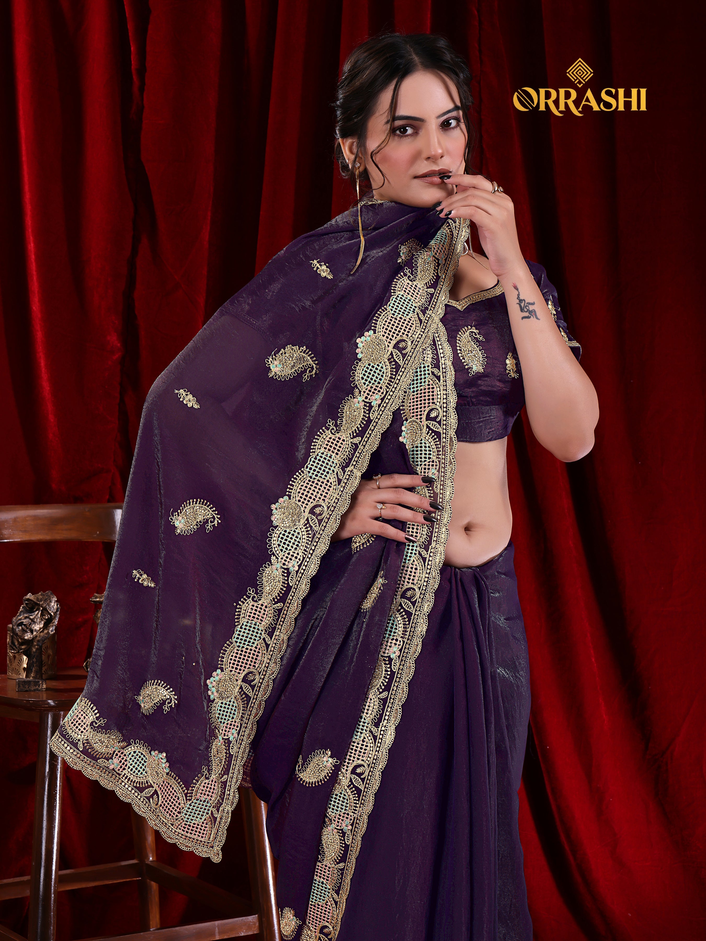 KESAR EMBROIDERIED WITH JARKAN WORK FENDY SATIN SILK