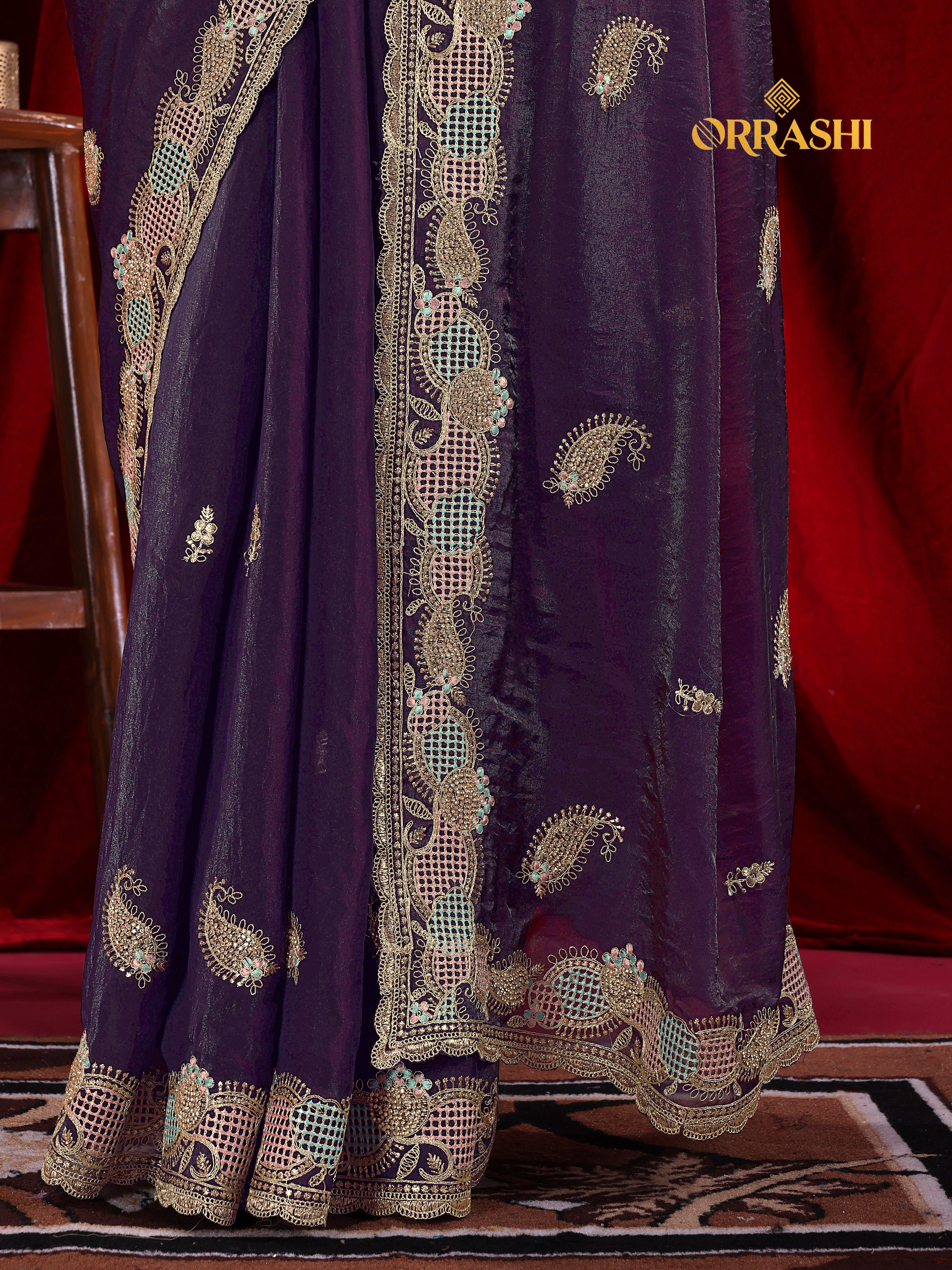 KESAR EMBROIDERIED WITH JARKAN WORK FENDY SATIN SILK