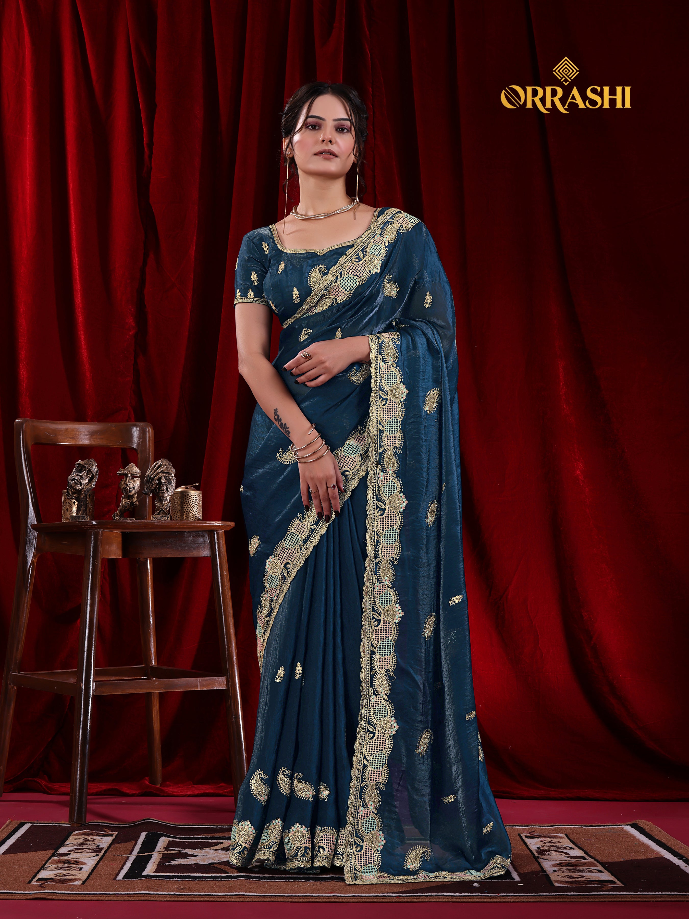 KESAR EMBROIDERIED WITH JARKAN WORK FENDY SATIN SILK
