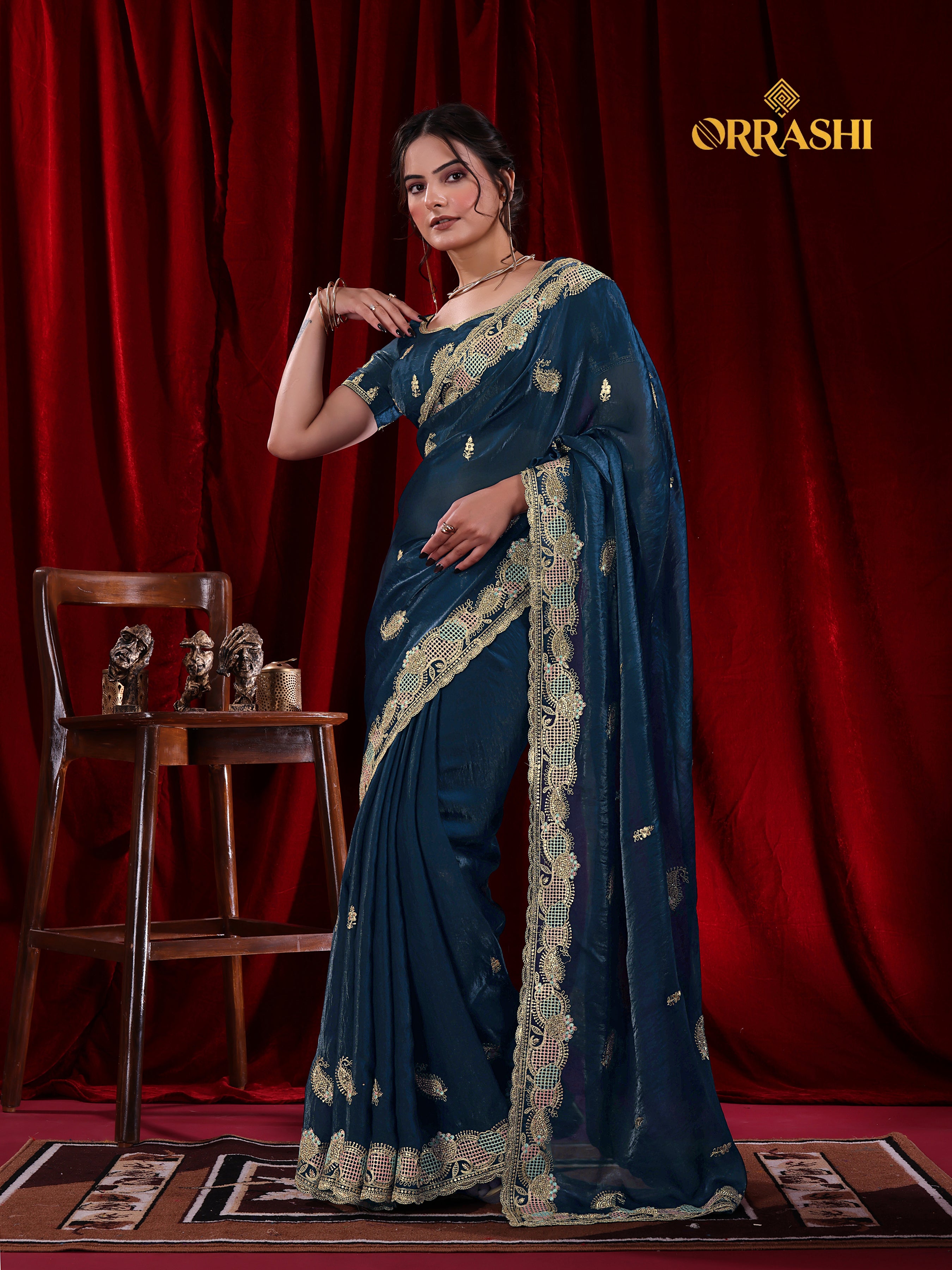 KESAR EMBROIDERIED WITH JARKAN WORK FENDY SATIN SILK