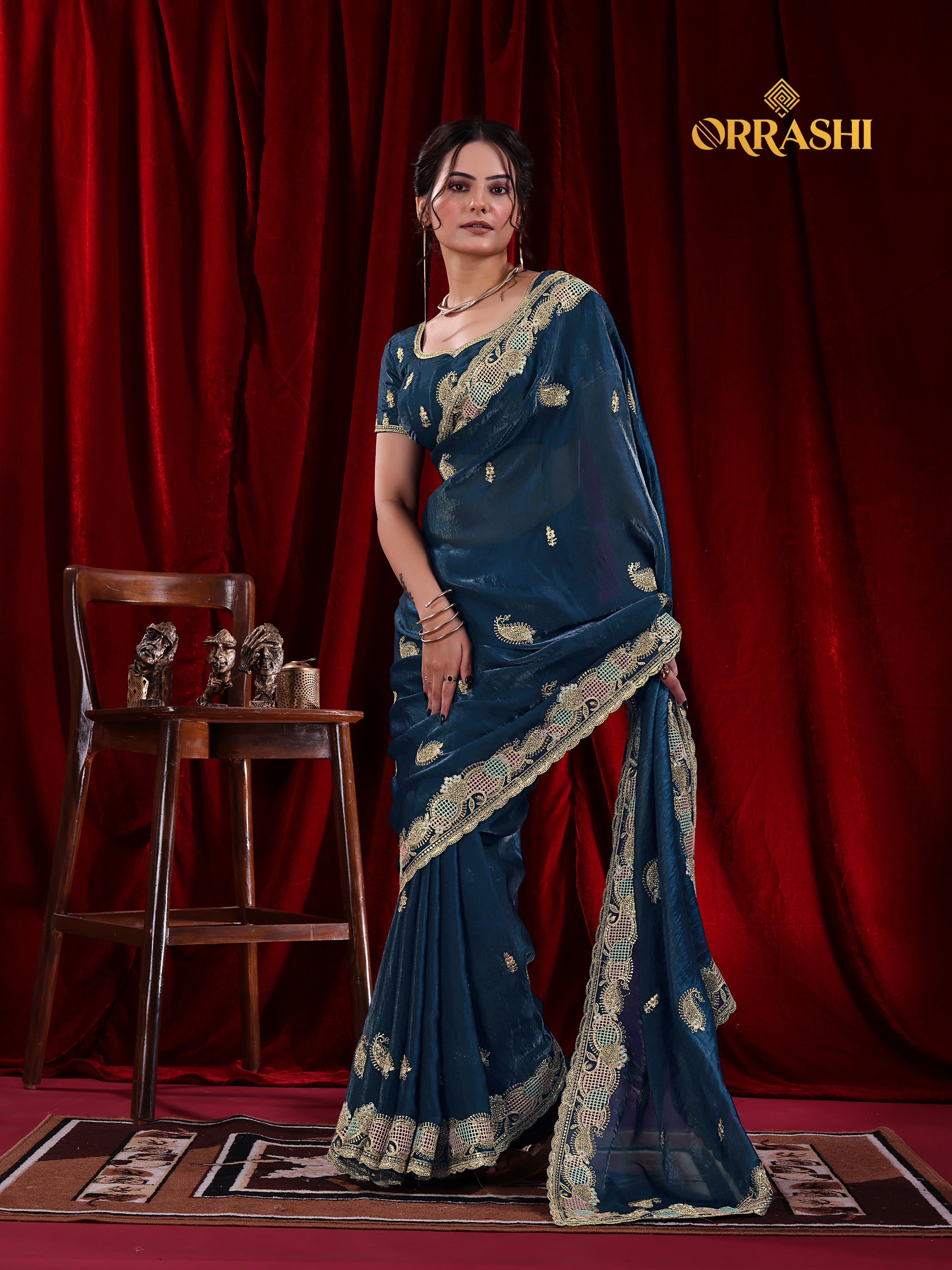 KESAR EMBROIDERIED WITH JARKAN WORK FENDY SATIN SILK