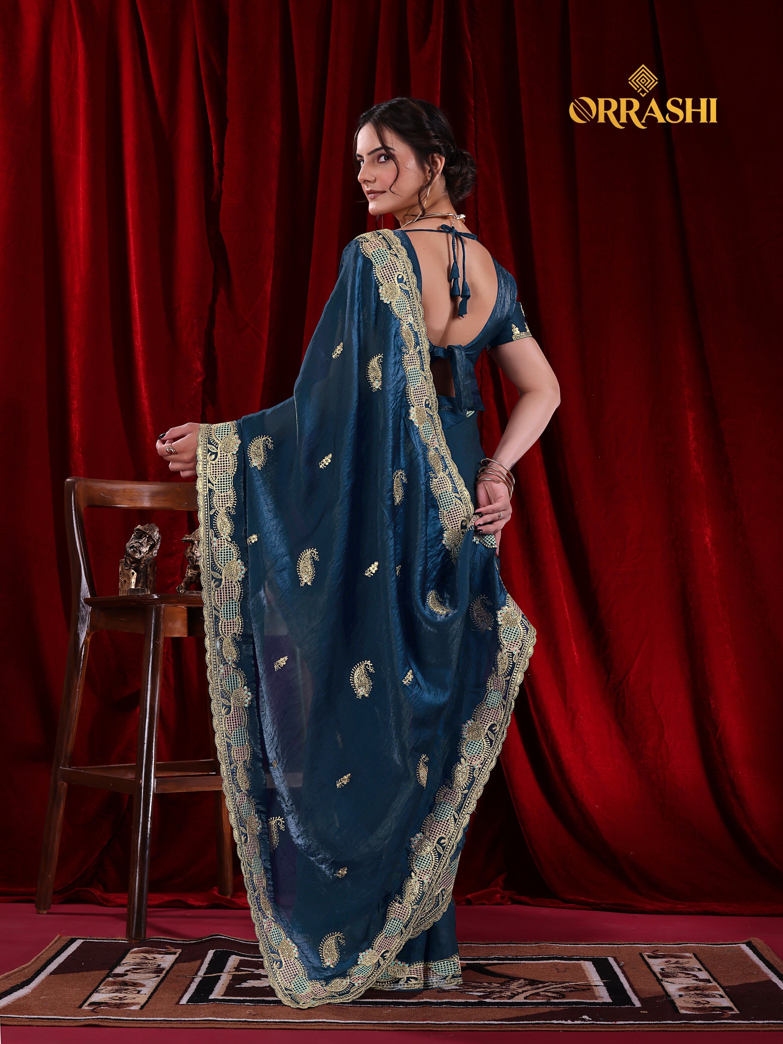 KESAR EMBROIDERIED WITH JARKAN WORK FENDY SATIN SILK