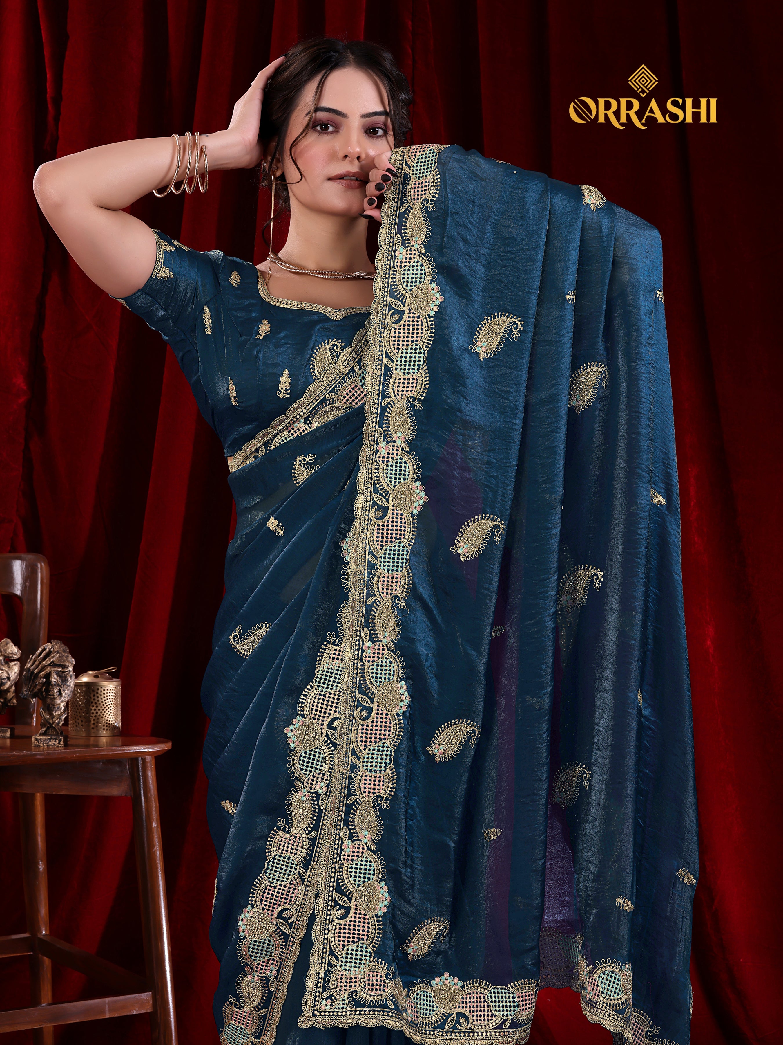 KESAR EMBROIDERIED WITH JARKAN WORK FENDY SATIN SILK