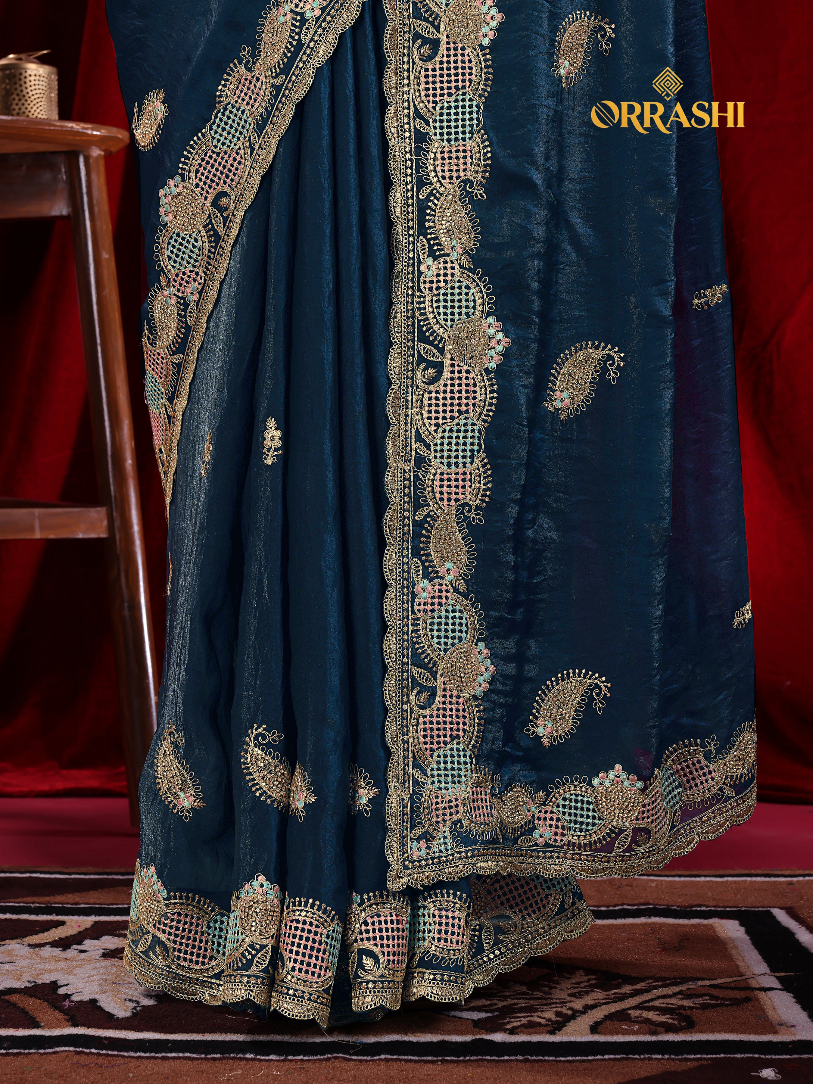 KESAR EMBROIDERIED WITH JARKAN WORK FENDY SATIN SILK