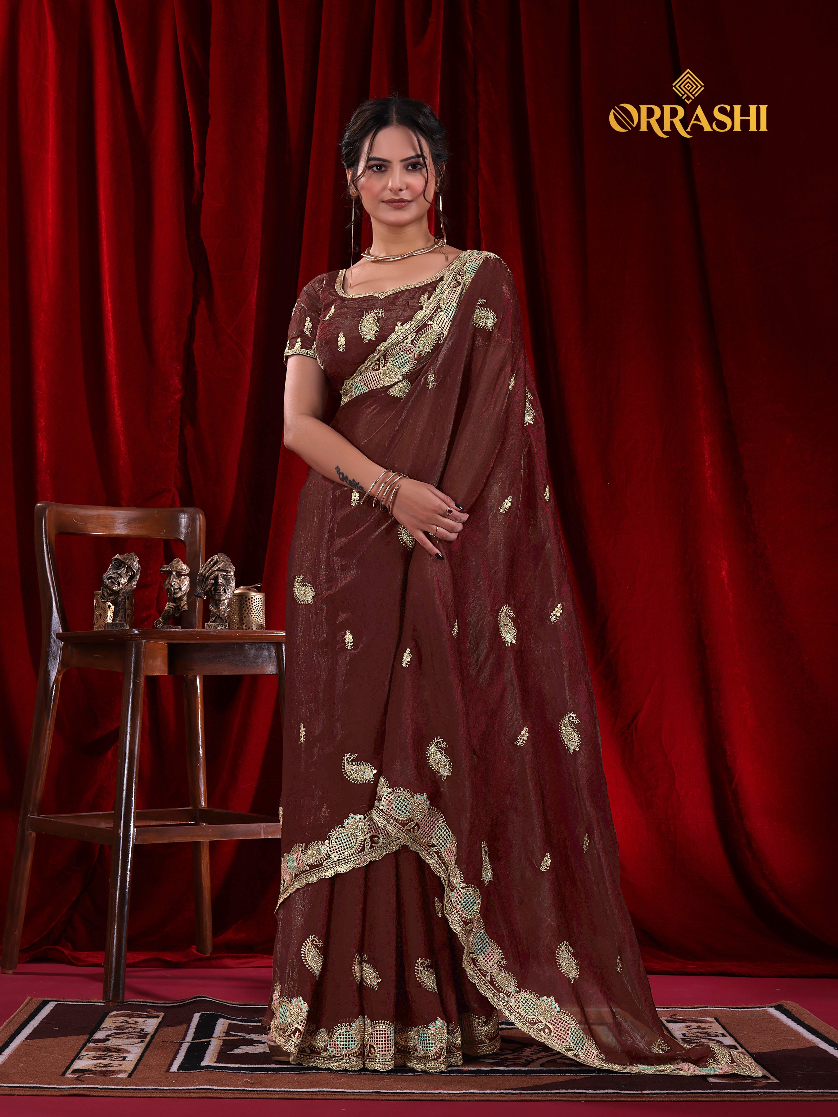 KESAR EMBROIDERIED WITH JARKAN WORK FENDY SATIN SILK