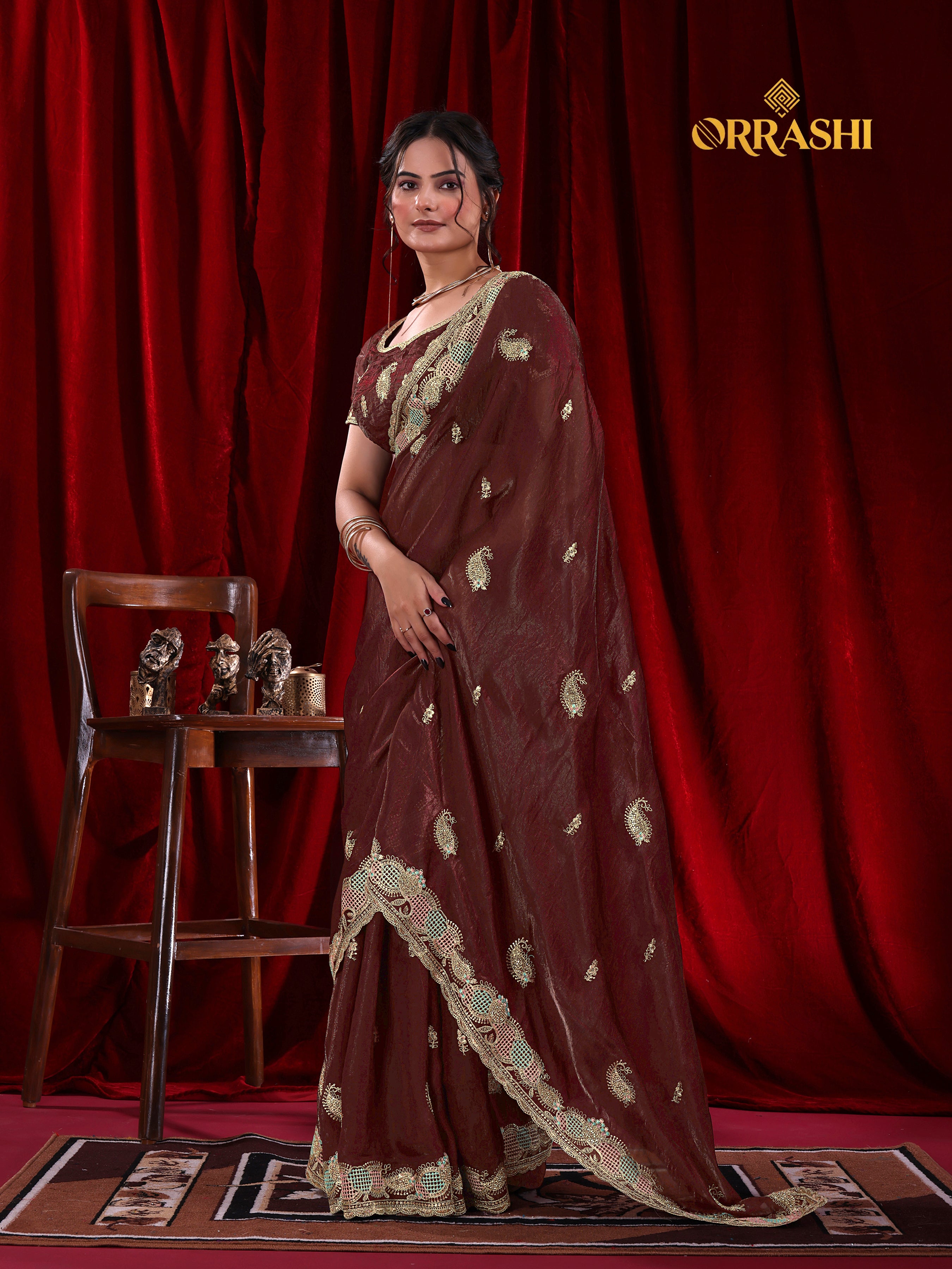 KESAR EMBROIDERIED WITH JARKAN WORK FENDY SATIN SILK