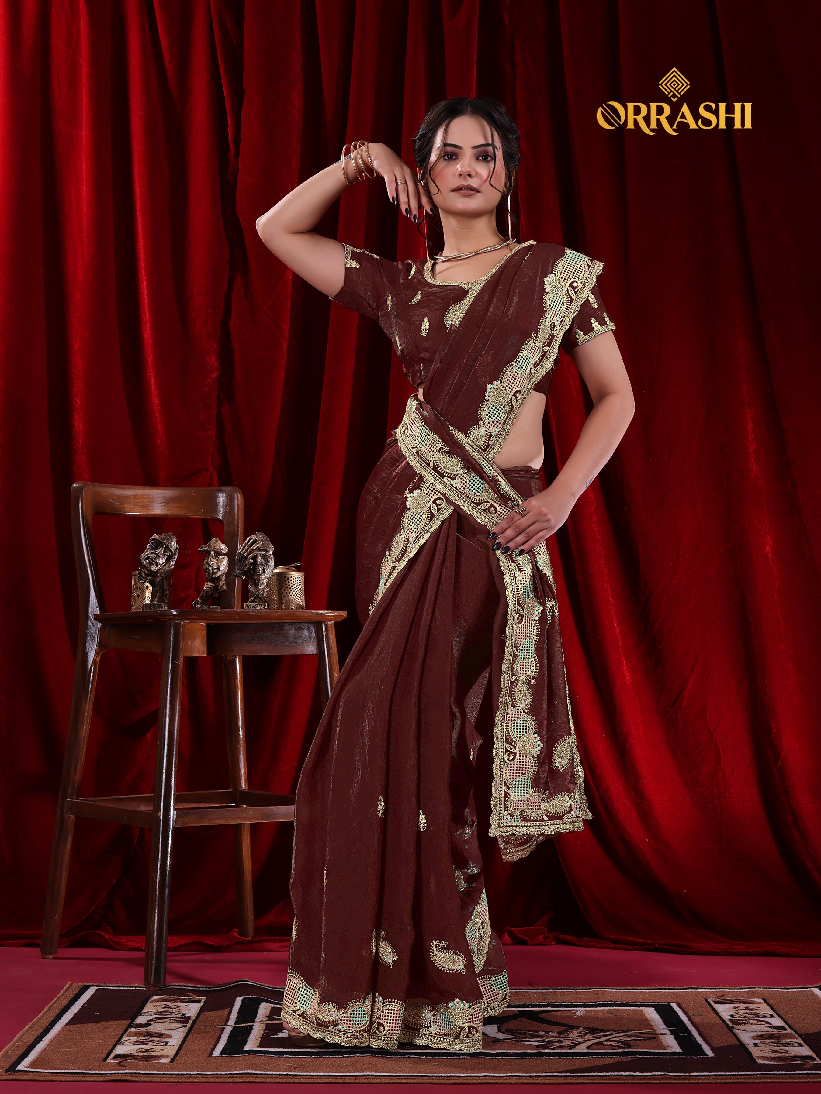 KESAR EMBROIDERIED WITH JARKAN WORK FENDY SATIN SILK
