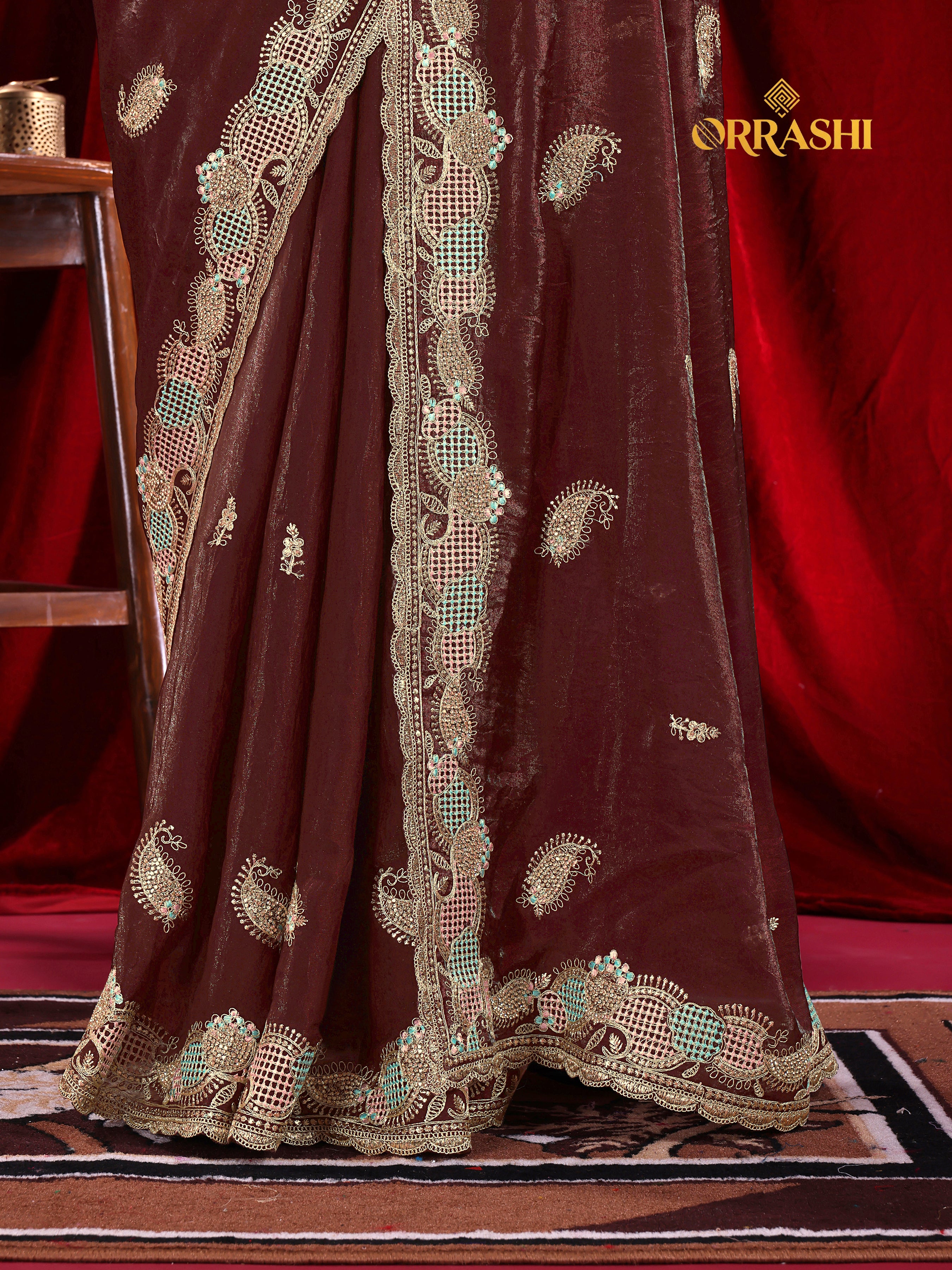 KESAR EMBROIDERIED WITH JARKAN WORK FENDY SATIN SILK