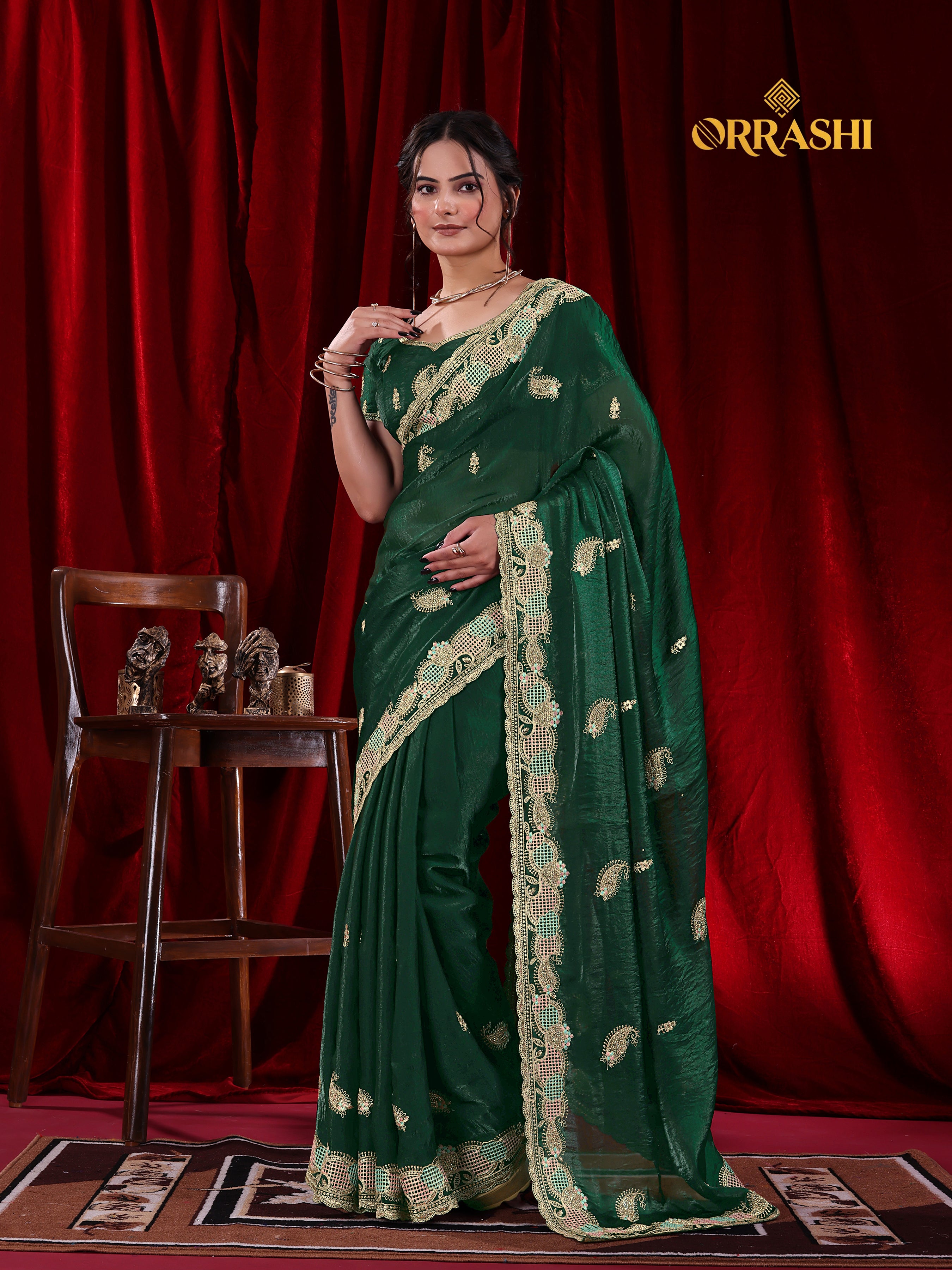 KESAR EMBROIDERIED WITH JARKAN WORK FENDY SATIN SILK