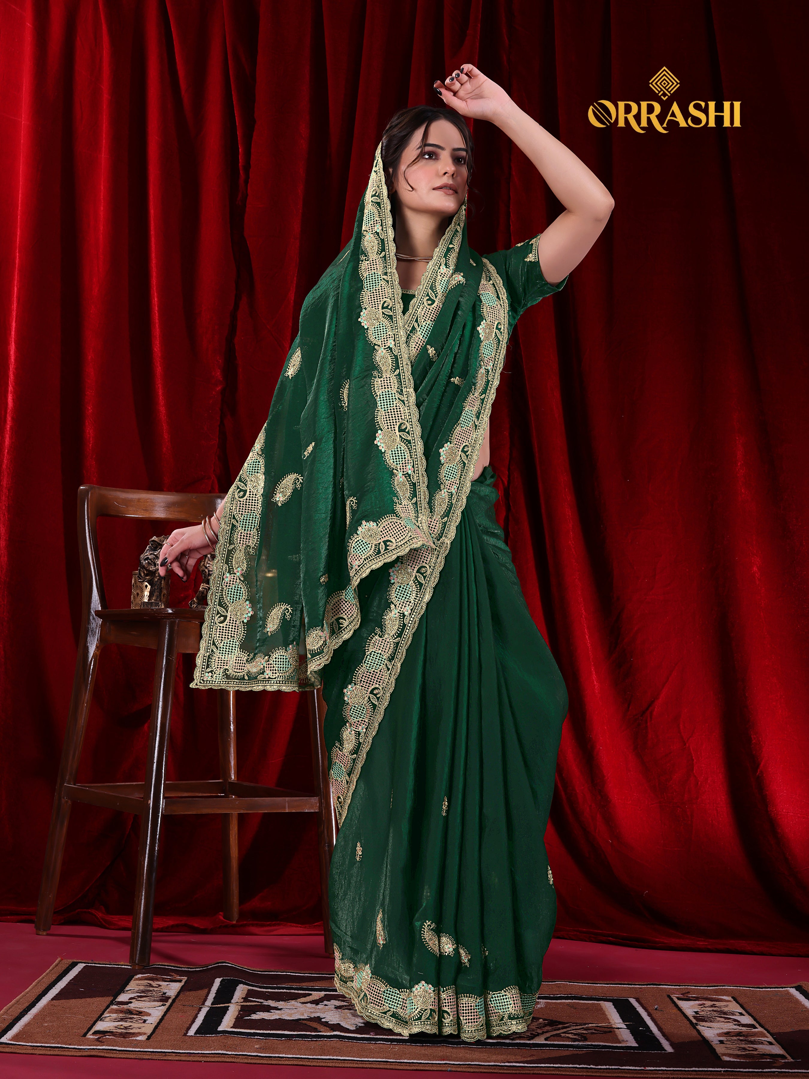 KESAR EMBROIDERIED WITH JARKAN WORK FENDY SATIN SILK