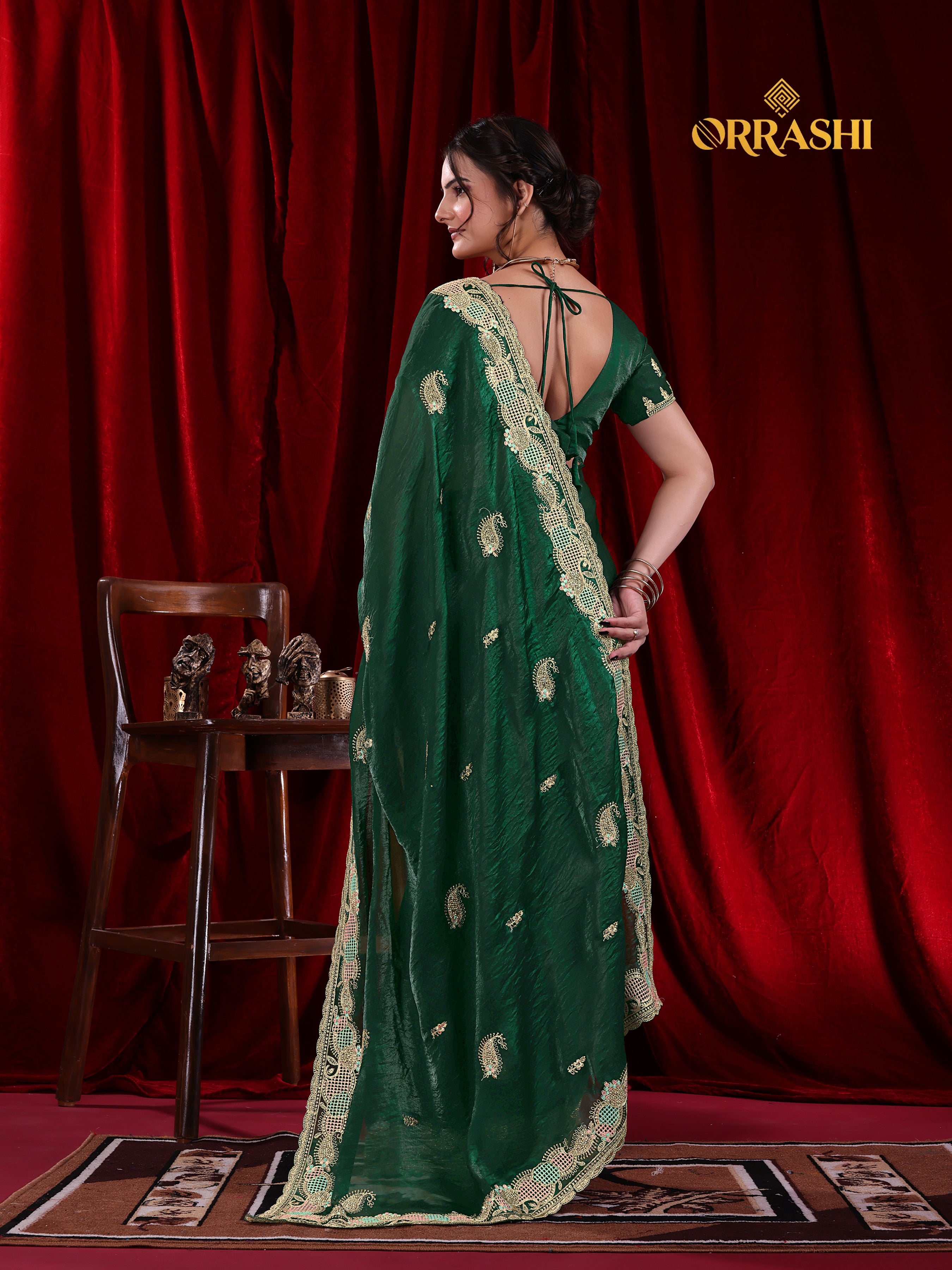 KESAR EMBROIDERIED WITH JARKAN WORK FENDY SATIN SILK