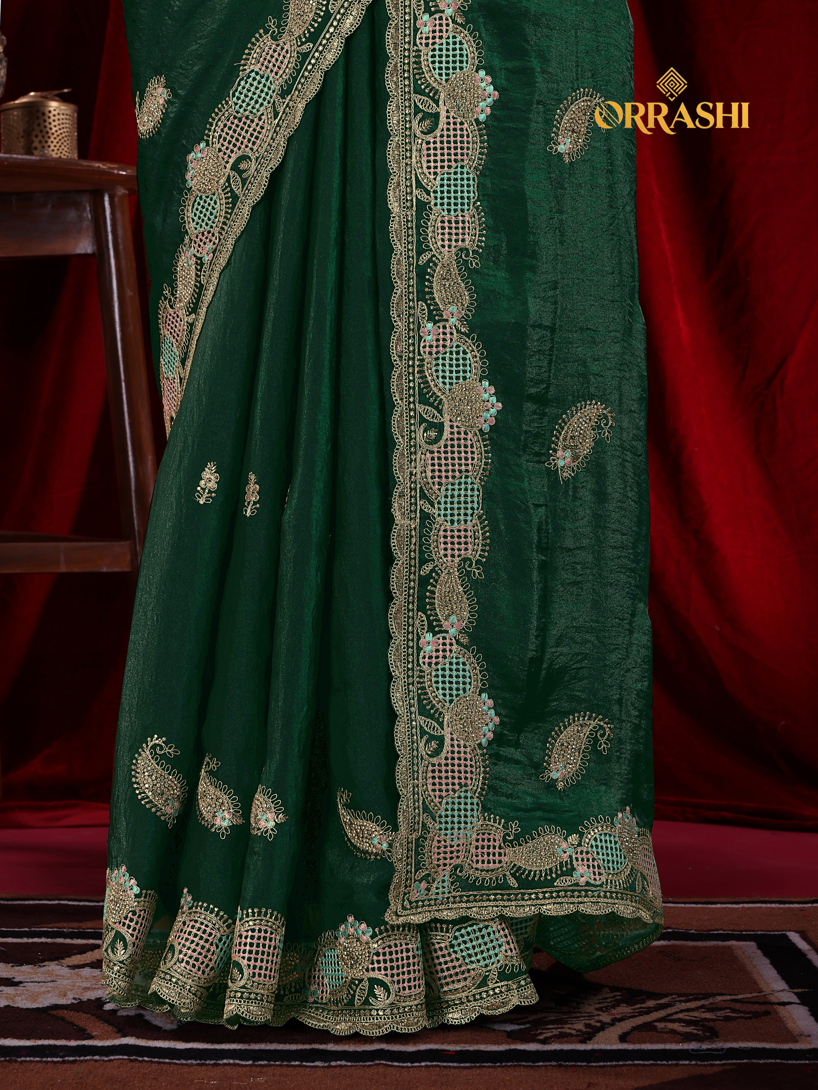 KESAR EMBROIDERIED WITH JARKAN WORK FENDY SATIN SILK