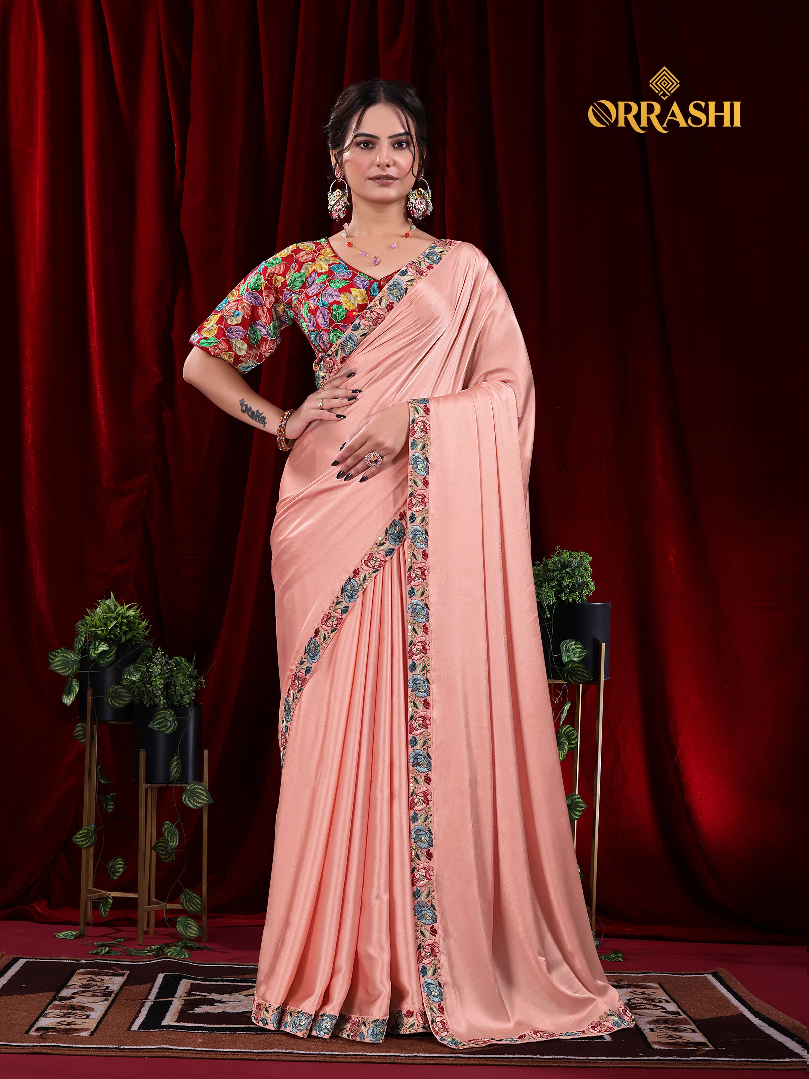 EMBROIDERIED LACE BORDER SATIN SILK SAREE