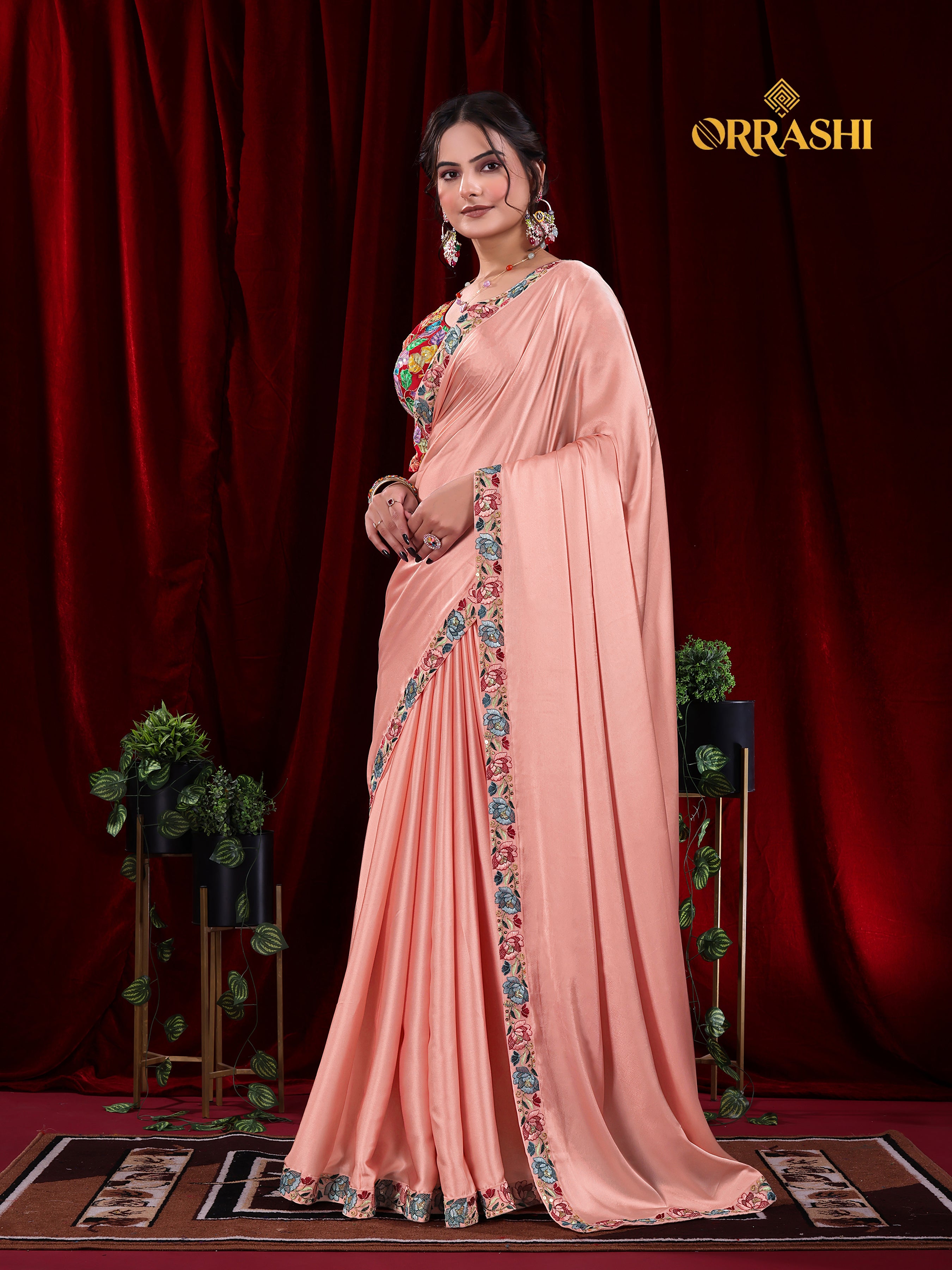 EMBROIDERIED LACE BORDER SATIN SILK SAREE