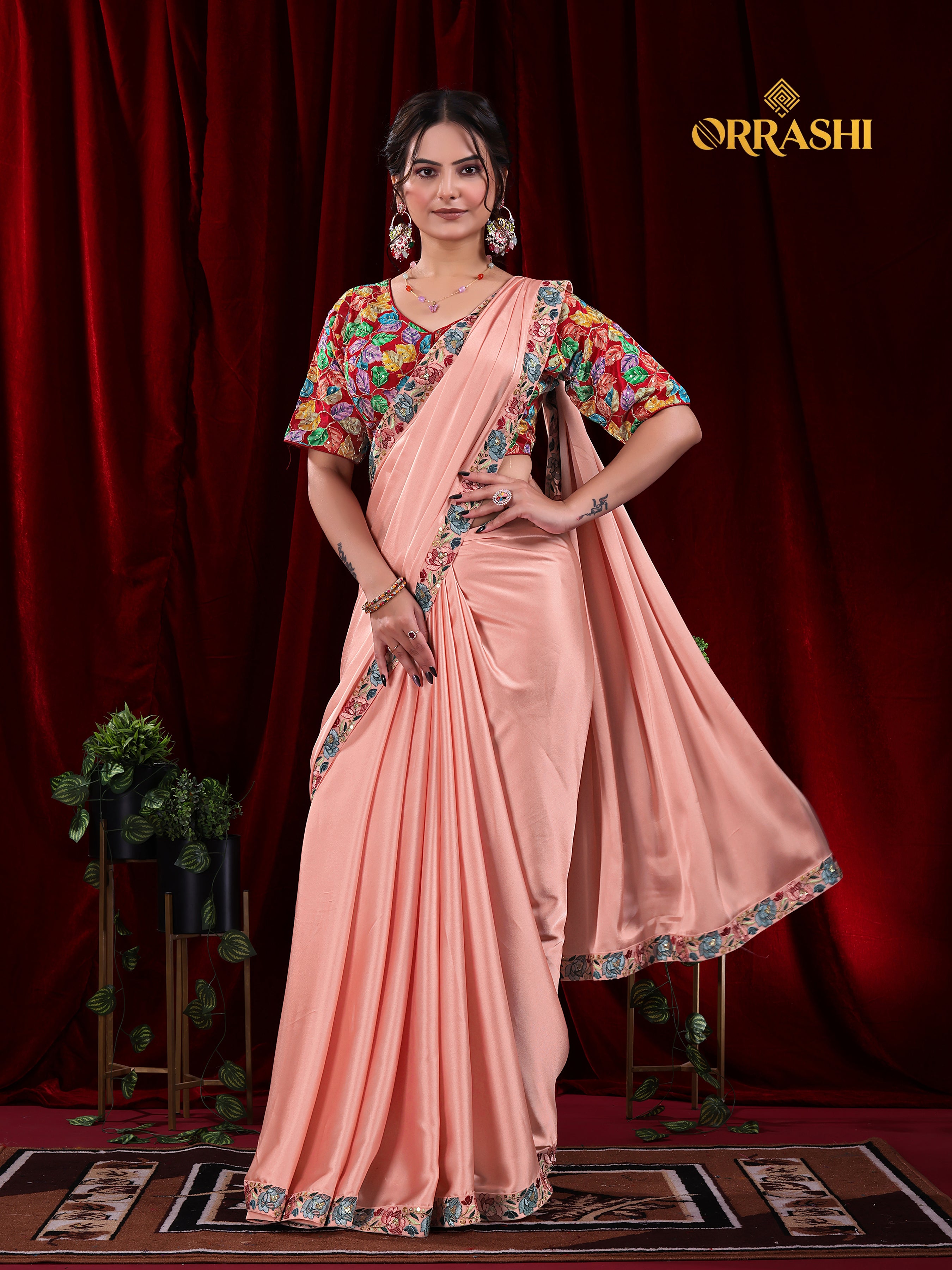 EMBROIDERIED LACE BORDER SATIN SILK SAREE