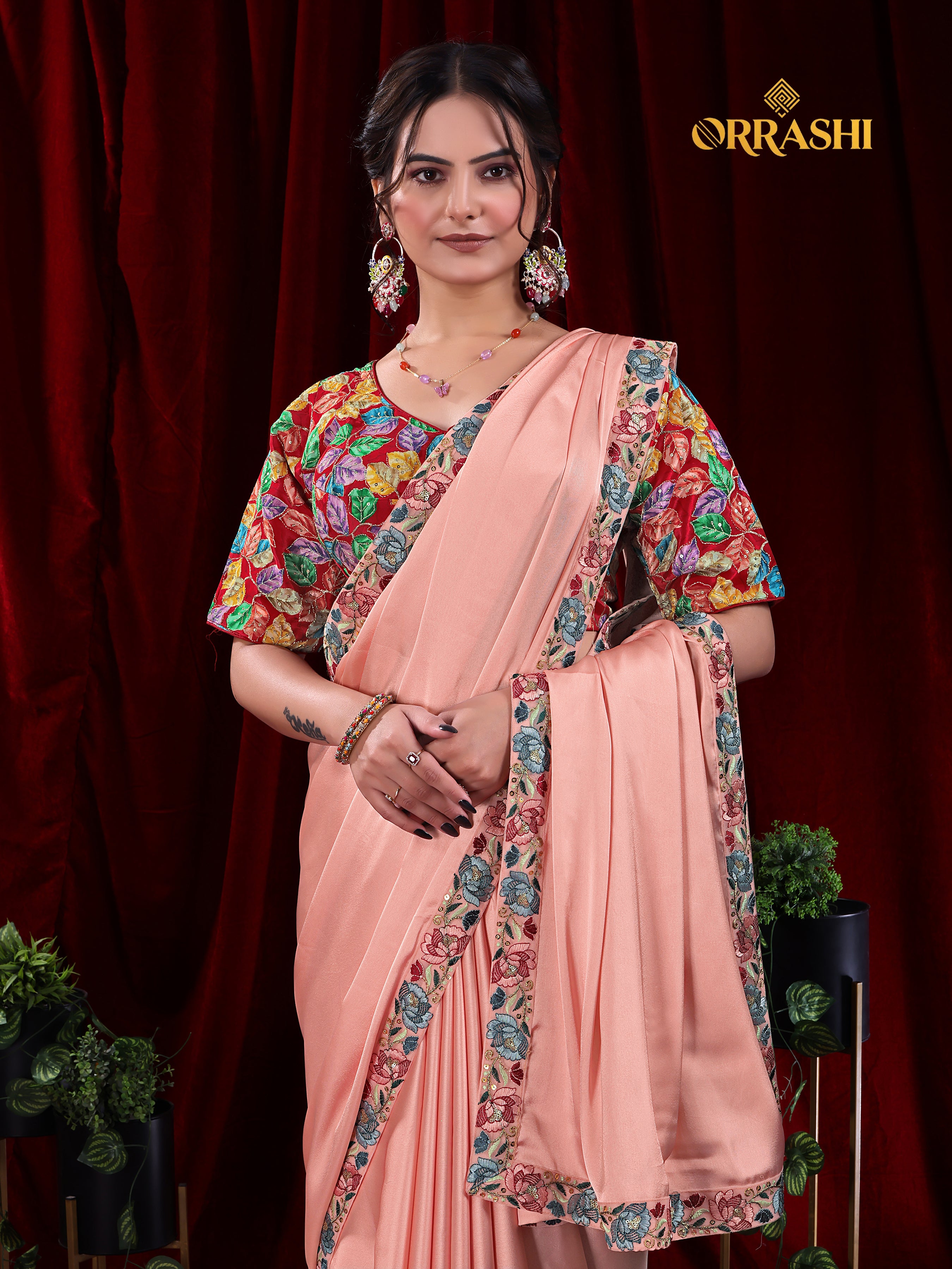 EMBROIDERIED LACE BORDER SATIN SILK SAREE