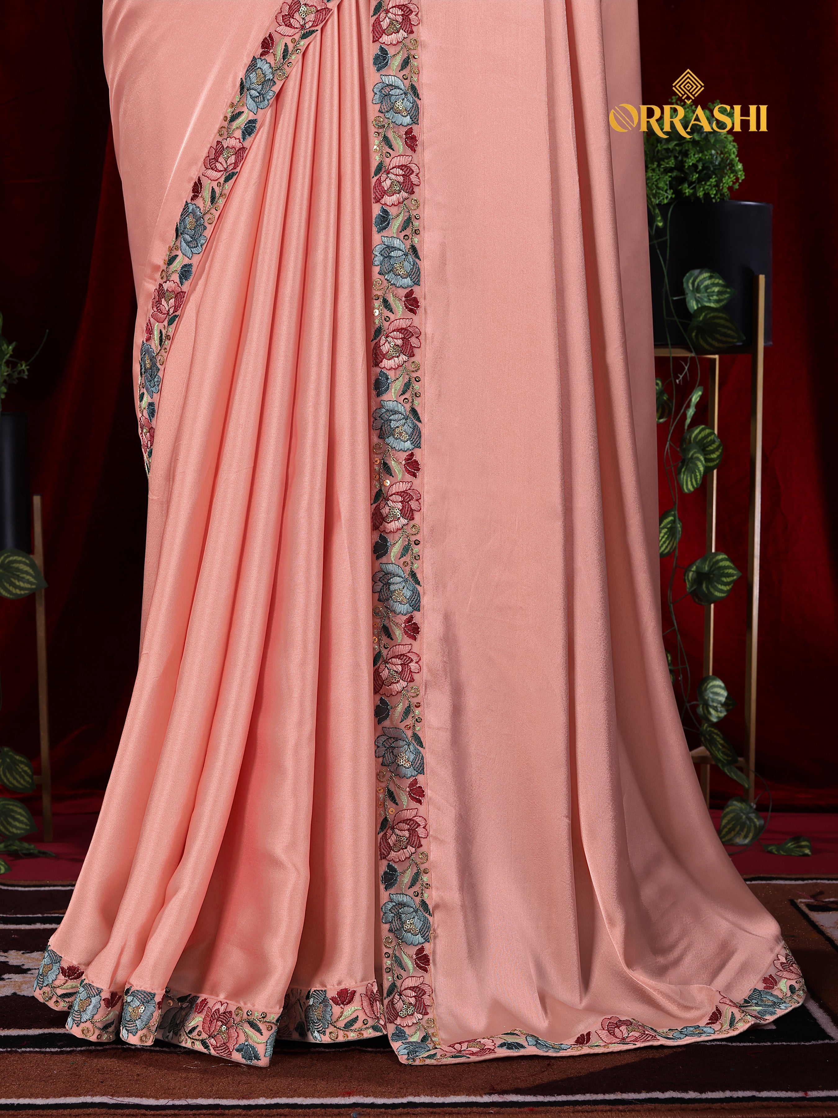 EMBROIDERIED LACE BORDER SATIN SILK SAREE
