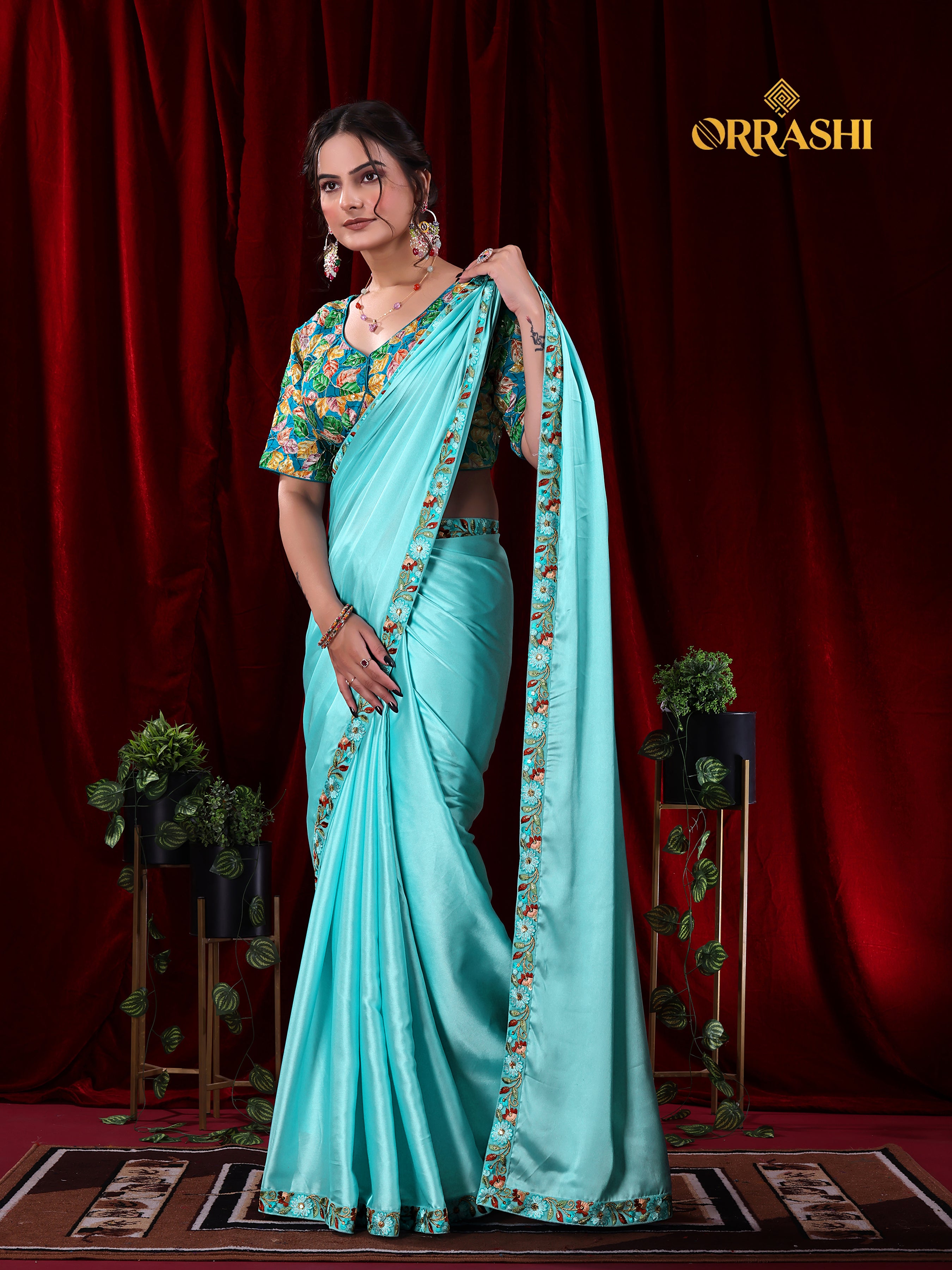 EMBROIDERIED LACE BORDER SATIN SILK SAREE