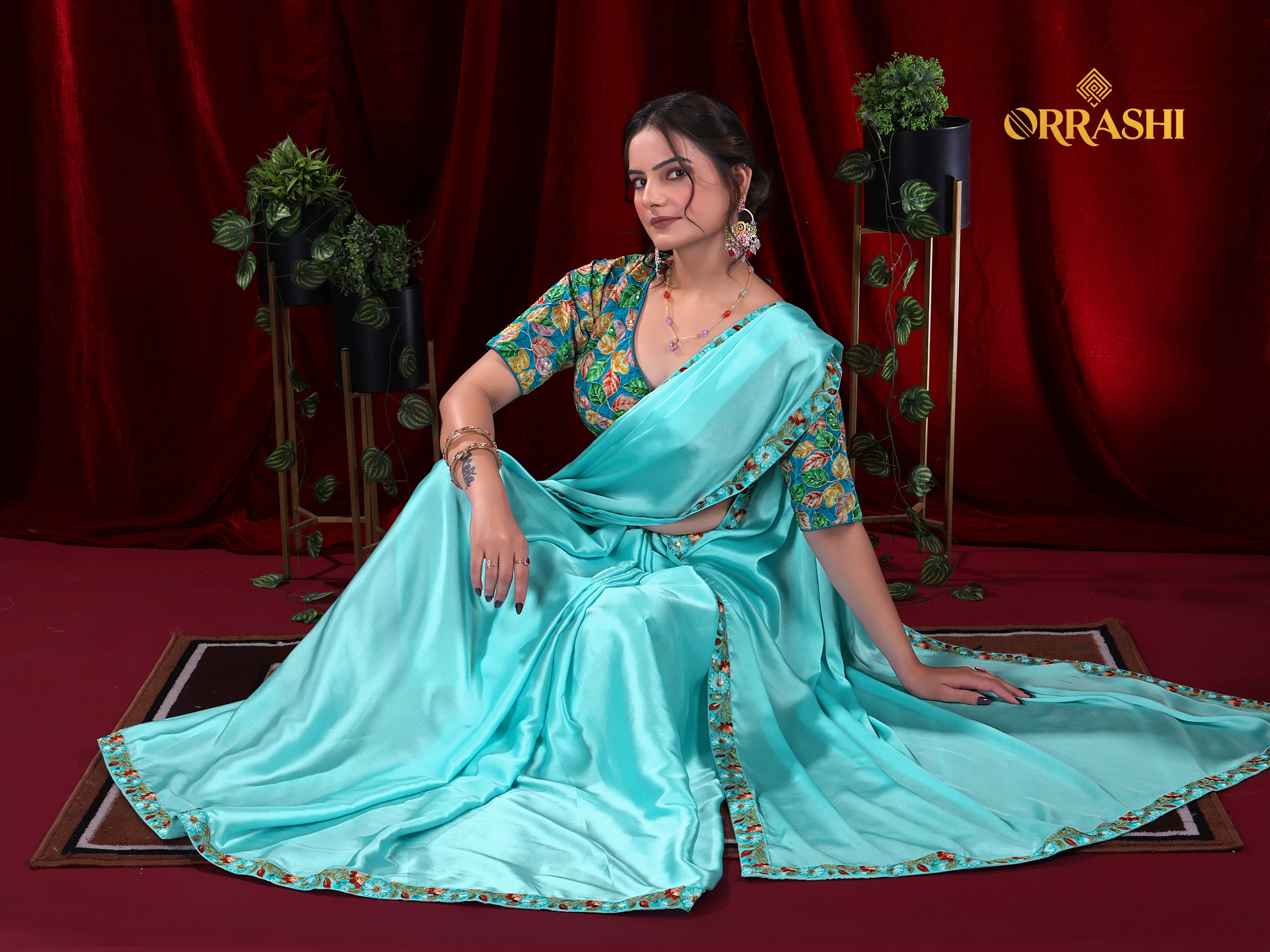 EMBROIDERIED LACE BORDER SATIN SILK SAREE