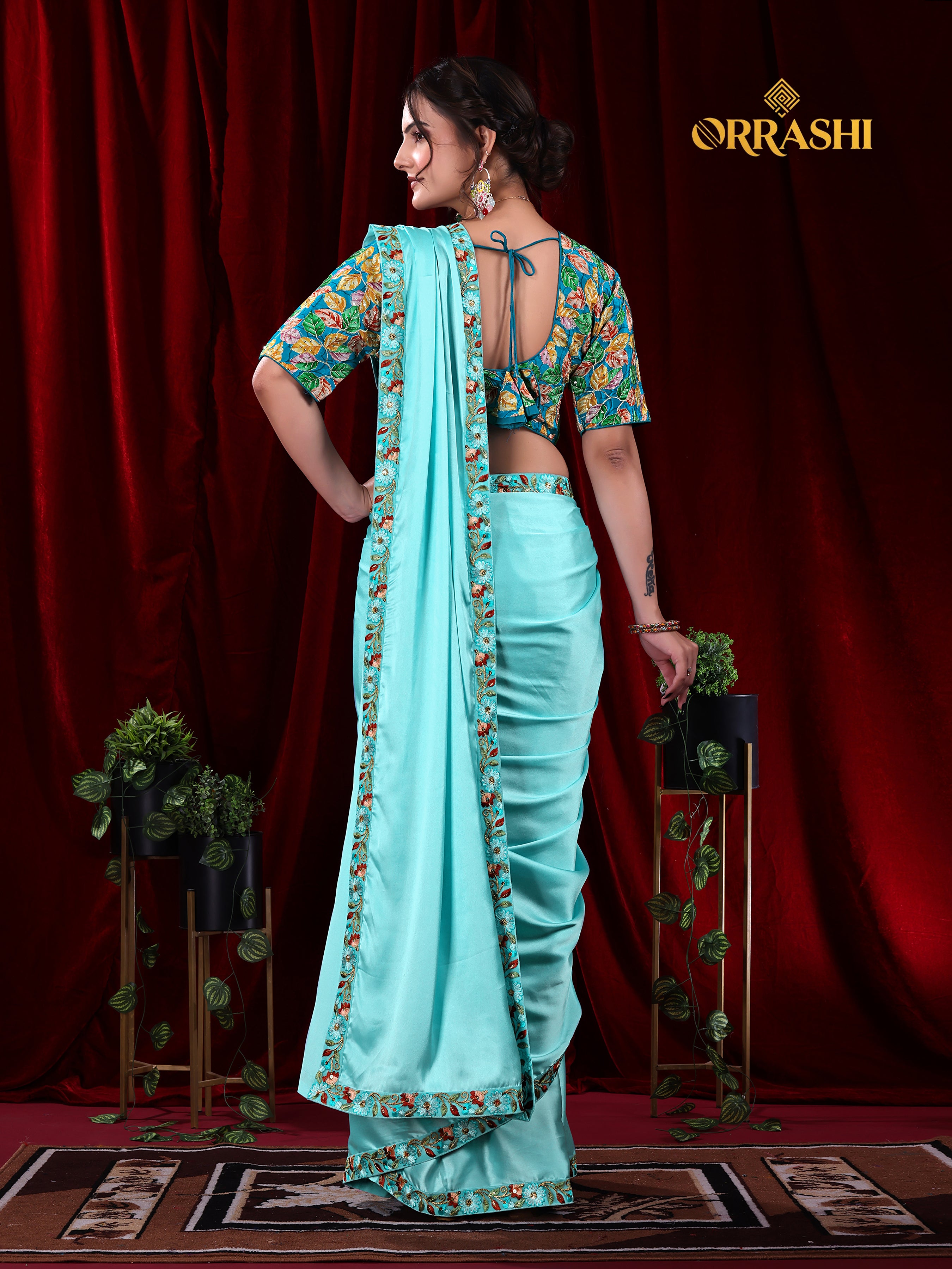EMBROIDERIED LACE BORDER SATIN SILK SAREE