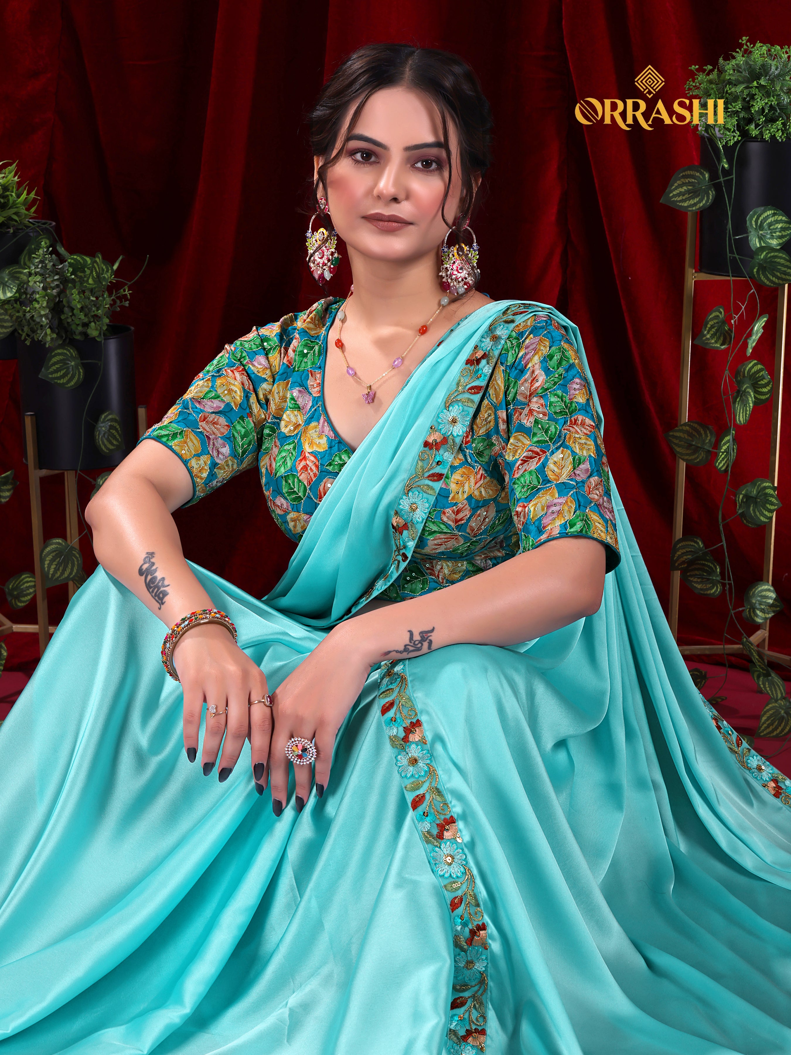 EMBROIDERIED LACE BORDER SATIN SILK SAREE