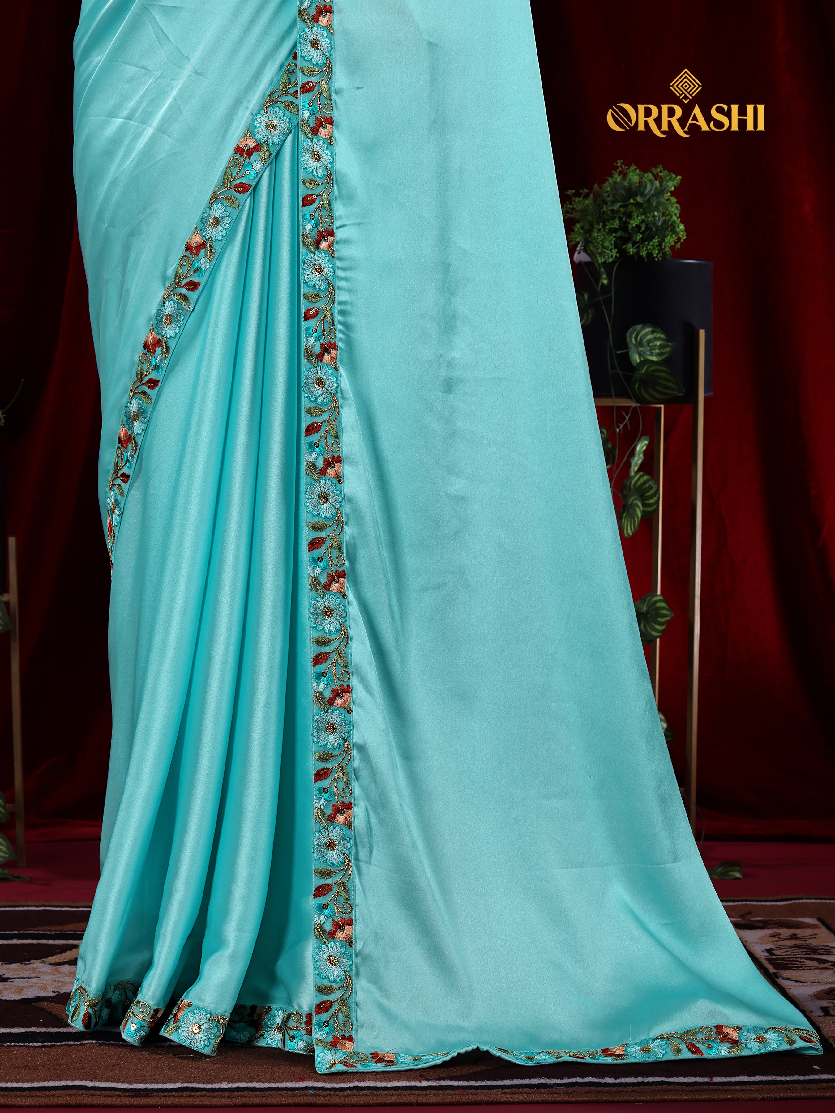 EMBROIDERIED LACE BORDER SATIN SILK SAREE