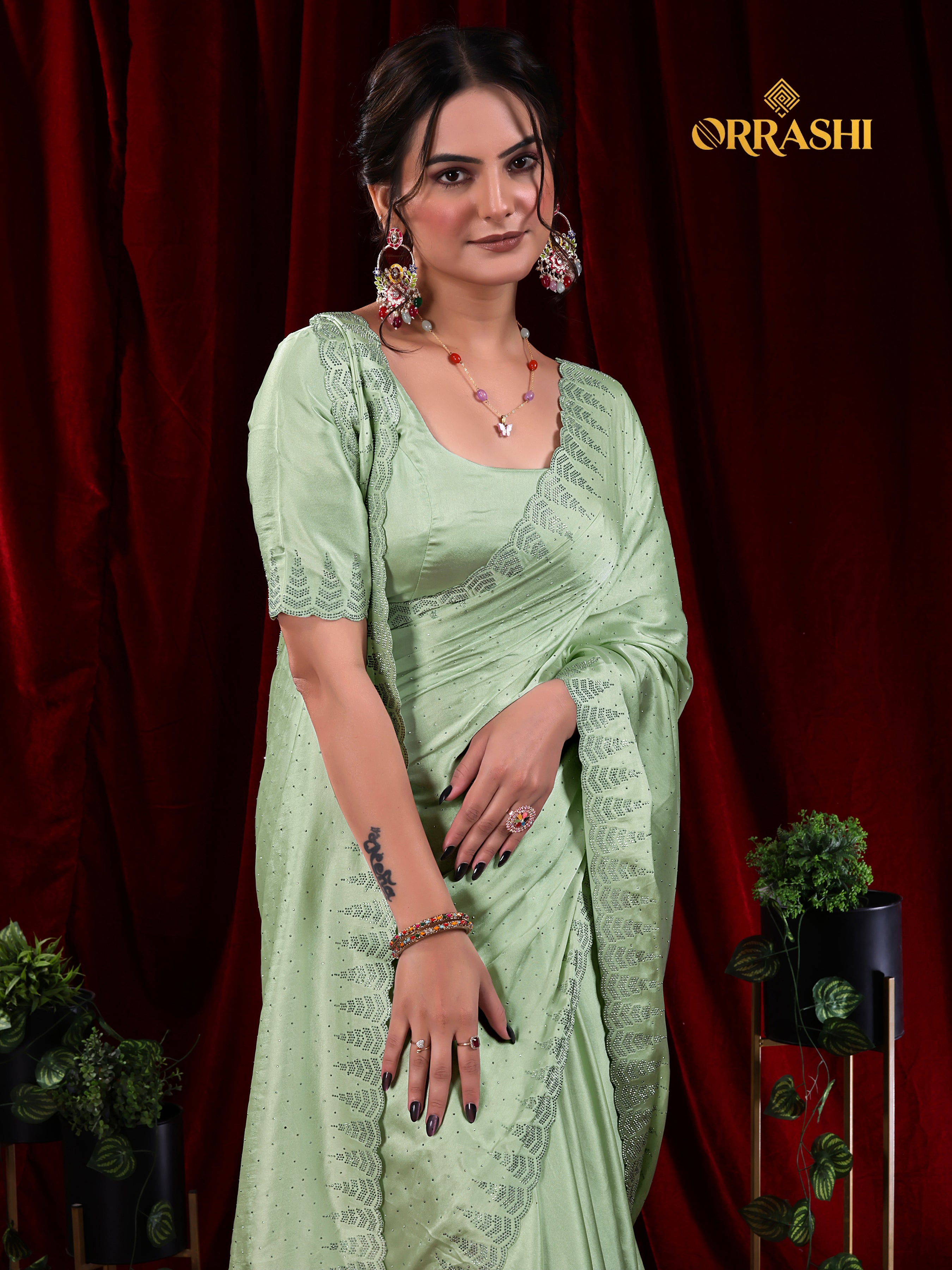 MULTI SIROSKI WORK SATIN SILK SAREE